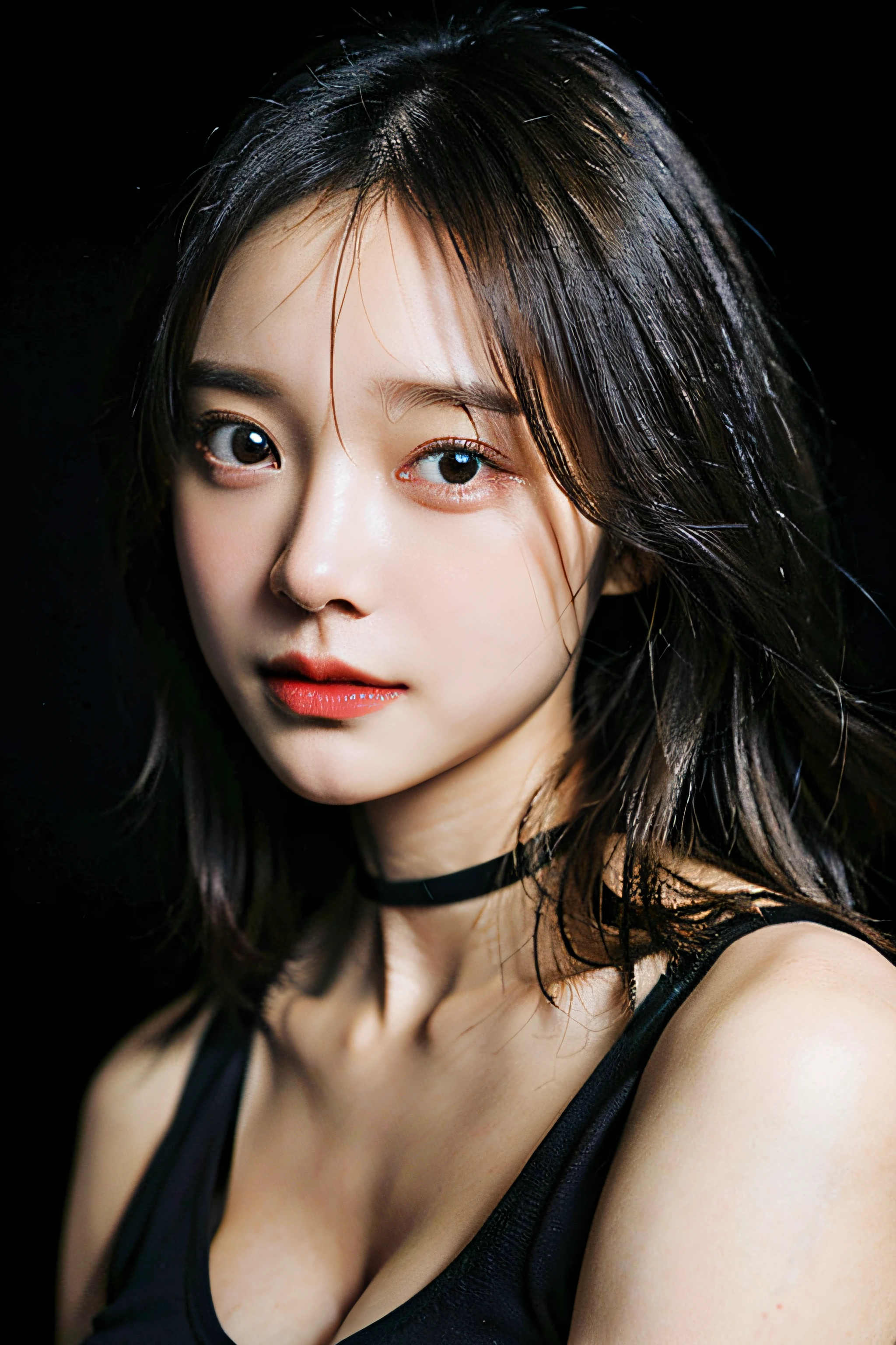 best quality, ultra high res, (((Very detailed face)))), ((Very detailed eyes and face)))), Beautiful detail eyes, (photorealistic:1.4), 1girl, crop-top black shirt, black choker, (faded ash gray hair:1), (huge breasts:1.4),full body portrait, looking at viewer, closeup ,