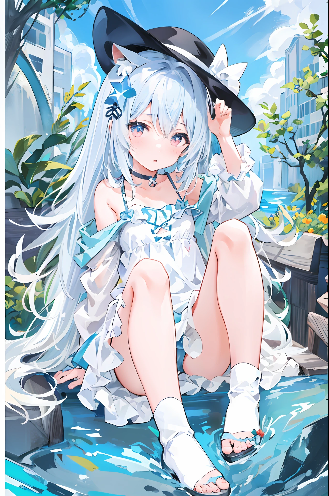 anime girl sitting on a bench in a garden with flowers, small curvy loli, loli in dress, Highest rated on Pisif, Digital art on Pisiff, Pisif, white cyan, splash art anime loli, rem rezero, pixiv style, Pisif Contest Champion, at pixiv, mikudayo, zerochan art