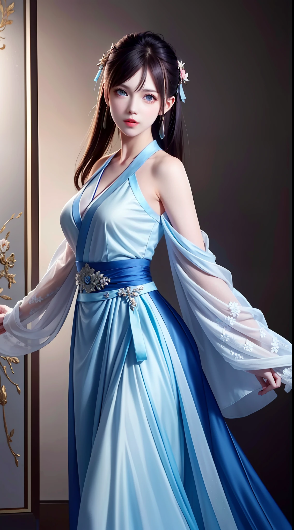 Hanfu, National Style 3.2, Full Body, Walking Posture, Slow Motion, Men Wear Full Body Multi-layered (Heavy Robe: 1.2), (Blue Ice Flower Long Dress: 1.2), Gloves, (Very Detailed, Bloom: 1.5), (Highest Quality, Alessandro Casagrande, Greg Rutkowski, Sally Mann, Concept Art, 4k), (Analog: 1.2), (High Definition), (Detail Pupil: 1.1), (Painting: 1.1), (Digital Painting: 1.1), Detailed Face and Eyes, Masterpiece, Best Quality, (Highly Detailed Photo: 1.1), 8K, Realistic, (Ice Hair Color, Dynamic Hairstyle), (pureerosface_v1:0.1), Jeremy Mann, Sandra Chevrier, Maciej Kuciara, Sharp, (torn body: 1.1), realistic, realistic shadows, (ice background: 1.2), (Michelangelo), ohwx style<lora: (style of ohwx) masterpiece, best quality, (extremely detailed CG unity 8k wallpaper, masterpiece, best quality, ultra-detailed, best shadow), (detailed background), (beautiful detailed face, beautiful detailed eyes), High contrast, (best illumination, an extremely delicate and beautiful), (girl:1.5), ((Not relevant)), ((caustic)), dynamic angle, beautiful detailed glow, (portrait:0.2),dynamic angle, beautiful detailed glow, (portrait:0.2),pigtail,full body,