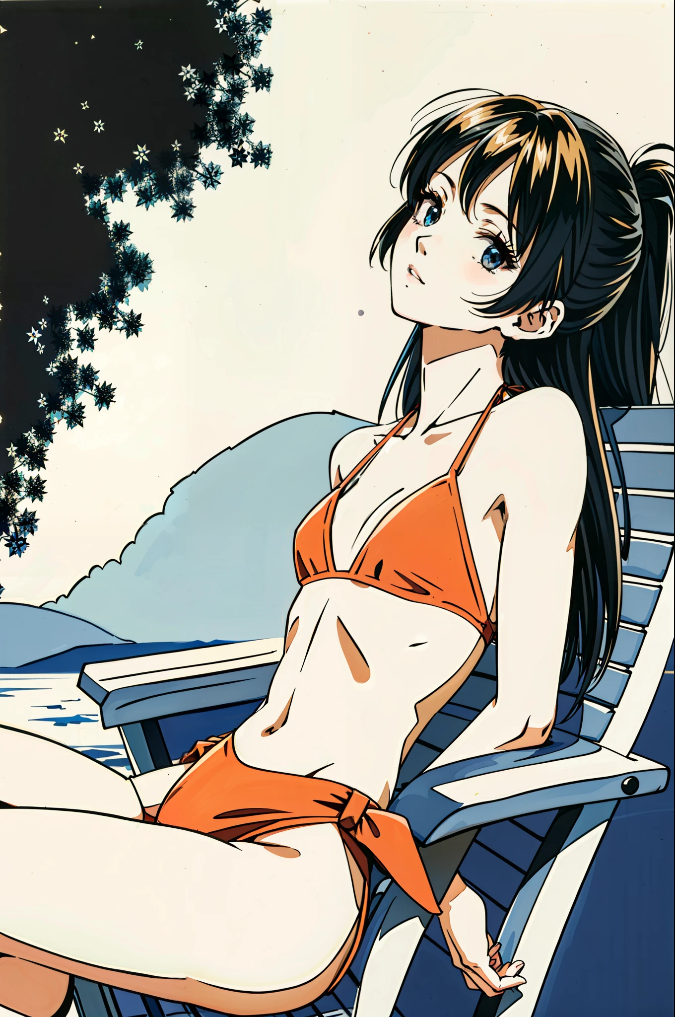 foto retrato de cuerpo entero, beautiful anorexic Asuka Langley, muy flaca en bikini, huesos y costillas visibles, Small flat breasts, very small waist, piernas delgadas, rostro hermoso, vista de perfil de Asuka Langley muy flaca, sentada en una silla, fondo blanco.
