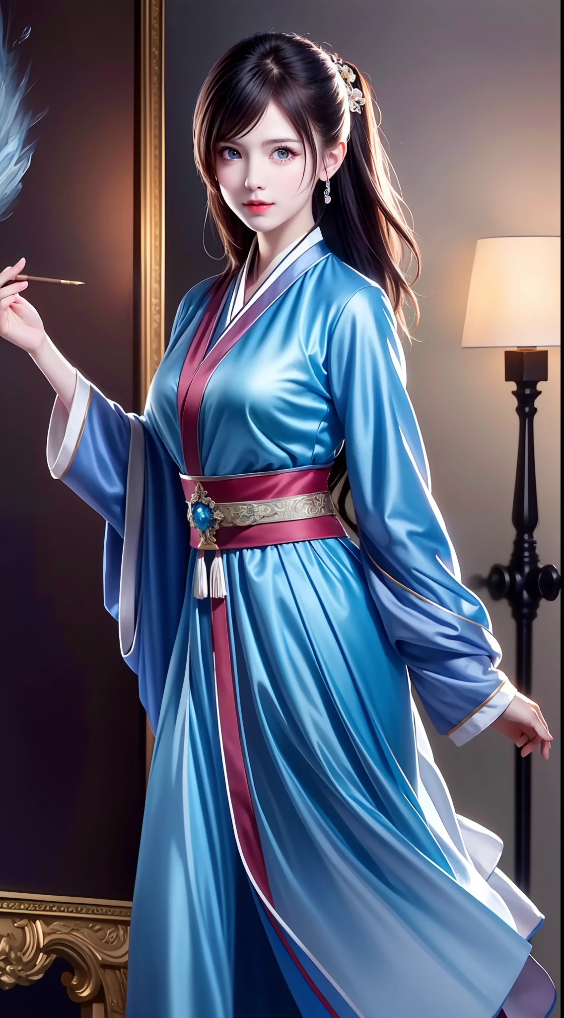Hanfu, National Style 3.2, Full Body, Walking Posture, Slow Motion, Men Wear Full Body Multi-layered (Heavy Robe: 1.2), (Blue Ice Flower Long Dress: 1.2), Gloves, (Very Detailed, Bloom: 1.5), (Highest Quality, Alessandro Casagrande, Greg Rutkowski, Sally Mann, Concept Art, 4k), (Analog: 1.2), (High Definition), (Detail Pupil: 1.1), (Painting: 1.1), (Digital Painting: 1.1), Detailed Face and Eyes, Masterpiece, Best Quality, (Highly Detailed Photo: 1.1), 8K, Realistic, (Ice Hair Color, Dynamic Hairstyle), (pureerosface_v1:0.1), Jeremy Mann, Sandra Chevrier, Maciej Kuciara, Sharp, (torn body: 1.1), realistic, realistic shadows, (ice background: 1.2), (Michelangelo), ohwx style<lora: (style of ohwx) masterpiece, best quality, (extremely detailed CG unity 8k wallpaper, masterpiece, best quality, ultra-detailed, best shadow), (detailed background), (beautiful detailed face, beautiful detailed eyes), High contrast, (best illumination, an extremely delicate and beautiful), (girl:1.5), ((Not relevant)), ((caustic)), dynamic angle, beautiful detailed glow, (portrait:0.2),dynamic angle, beautiful detailed glow, (portrait:0.2),pigtail,full body,