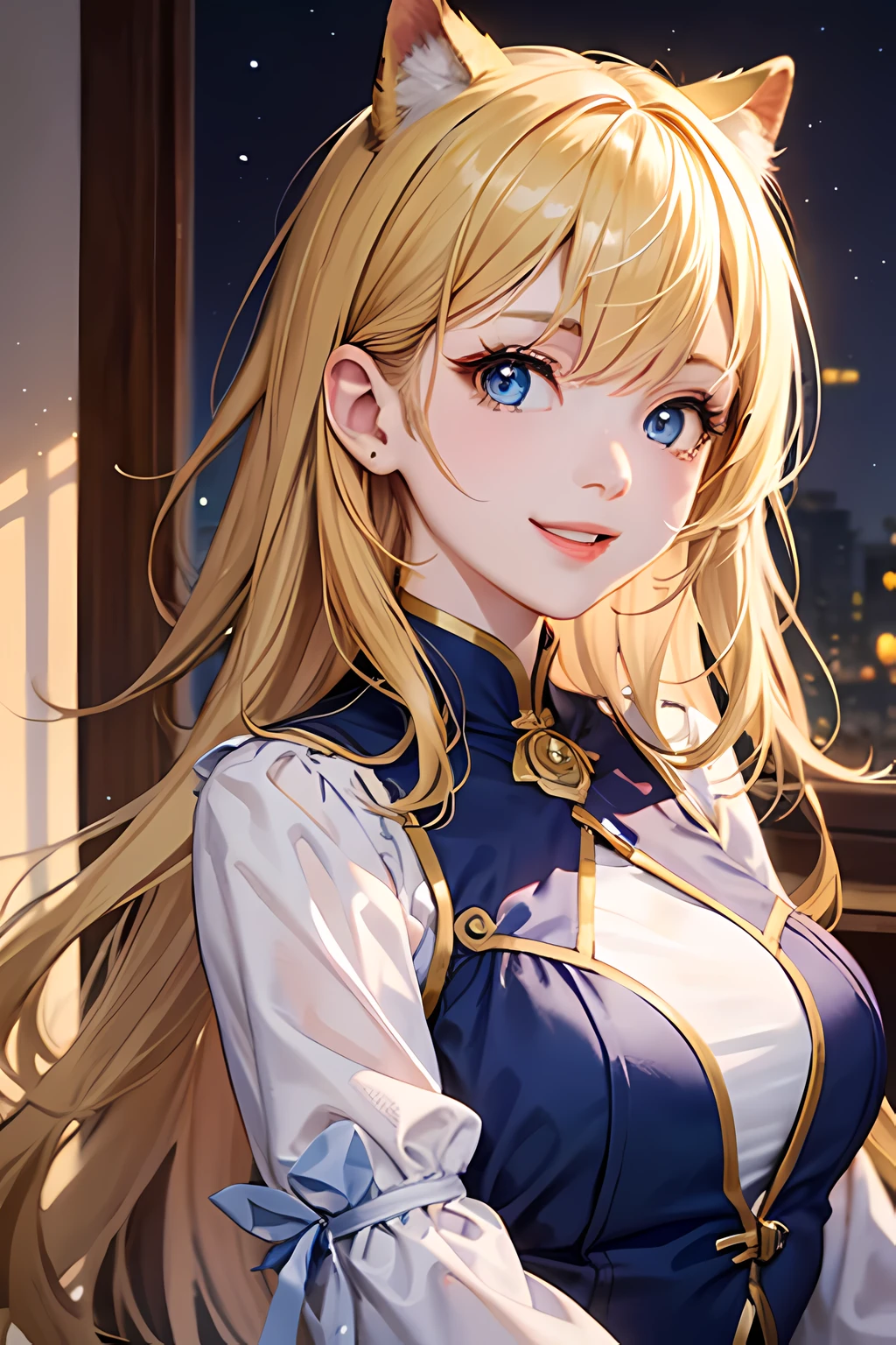 Global Illumination、A masterpiece、maximum quality、Full polygon、Smoothing、Fine touch、semi long、Blonde hair、With bangs、Blue Eye、Happy smile、Night light