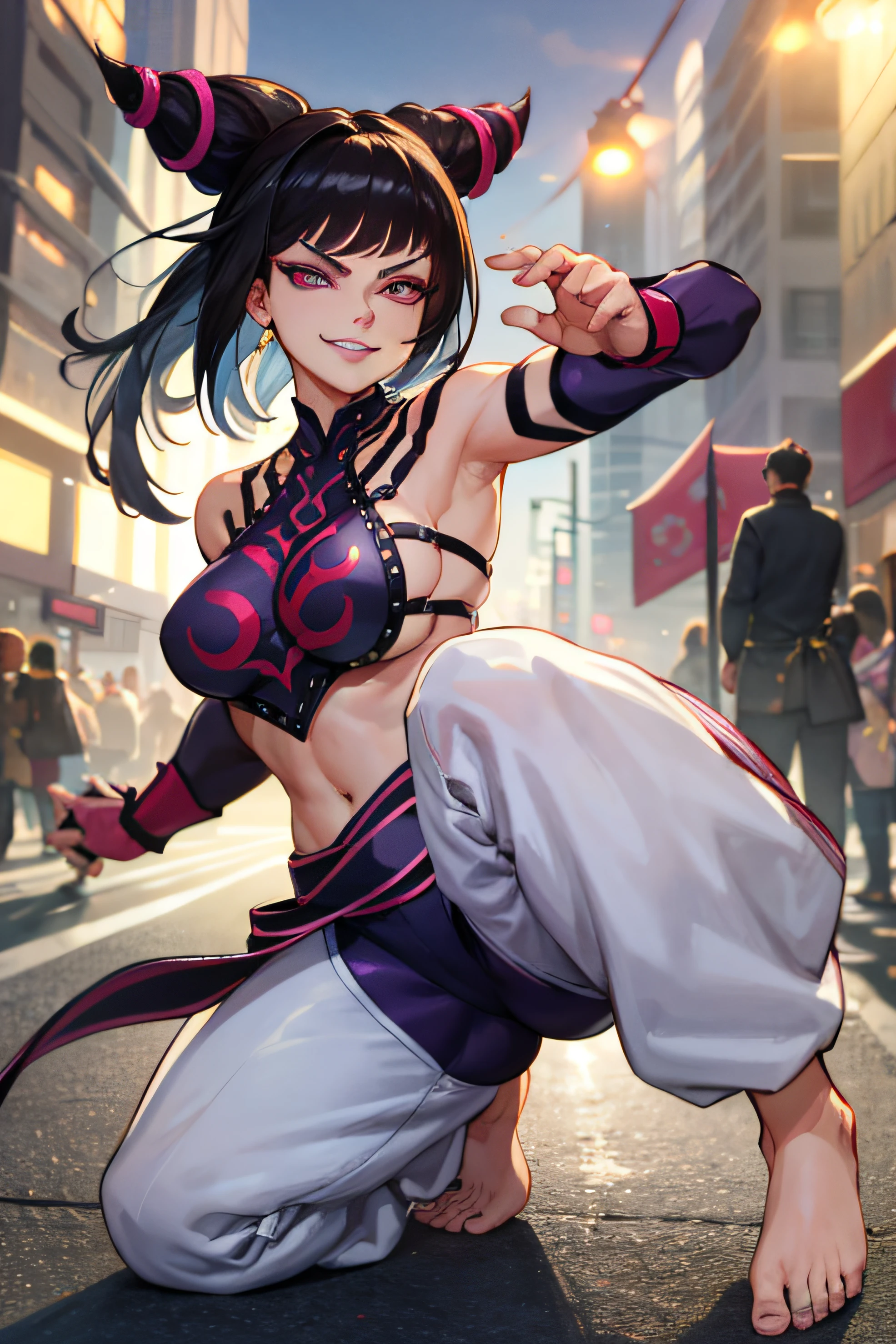 SFW, 30 year old woman, sexy mature asian woman, oval face, detailed face and eyes, beautiful purple iris, white eyeballs, JURIMS, SFIV, hair horns, extremely delicate lips,  (very suggestive smile:1.2), evil smile, wicked smile, smirk, angry fighting pose, baggy white pants, leg kicking high in air, thick thighs, barefoot, medium breasts, purple eyes, long eyelashes, thick eyelashes, 8k uhd, HDR ,extremely detailed CGunity 8k wallpaper, city street, crowd of people, full body, wide angle, sigma 35mm lens, full body, (8k), (4k), looking at viewer,