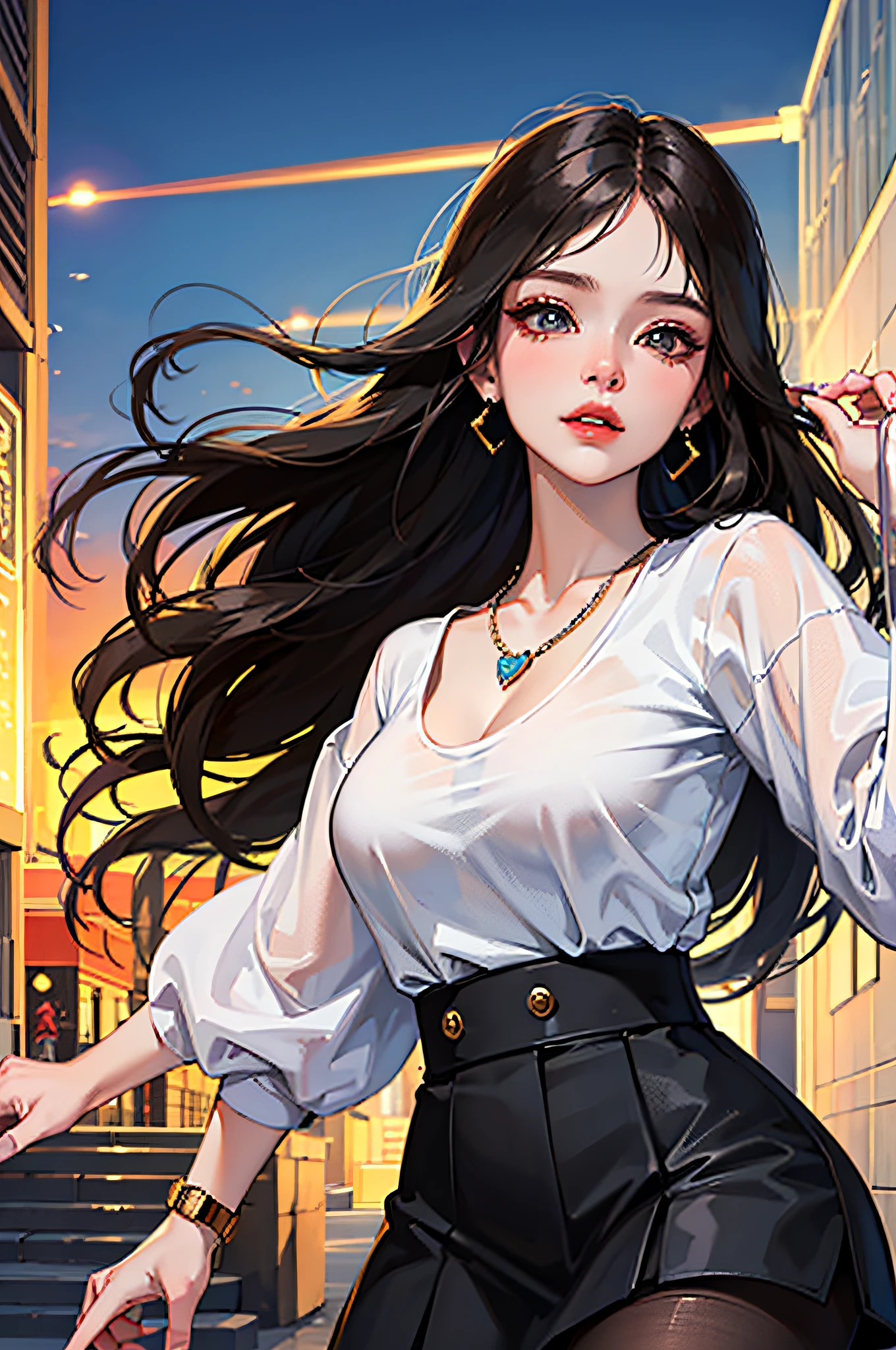 (best qualit,8K,A Masterpiece),(A pretty maiden,with long black hair,Long messy hair,curly hair,large eye:1.3,Long eyelashes,Delicate makeup:1.4,Sexy lips,Blushlush),(Exquisite watches,Silver-reflecting heart-shaped necklace,Bulgari's earrings,Bulgari's ring),(Take a walk in the streets,Capture,Street photography),(Fashionable outfits,dressed in a white t shirt,nike),(Middle breast,endure),(Black oily transparent pantyhose),(Black hip skirt),Light ripe,Royal sister,Optimal light,best shadow,Cinematic Lights,28 years old,1girle,Need,(realskin,Supple skin)raytracing,Unreal Engine 5,Reflective skin,Digital illustration,Game CG characters,Supermodel,(kpop,idol),(Body edge lighting,Colored light sources are around),There is wind blowing hair,Looking into the distance,
