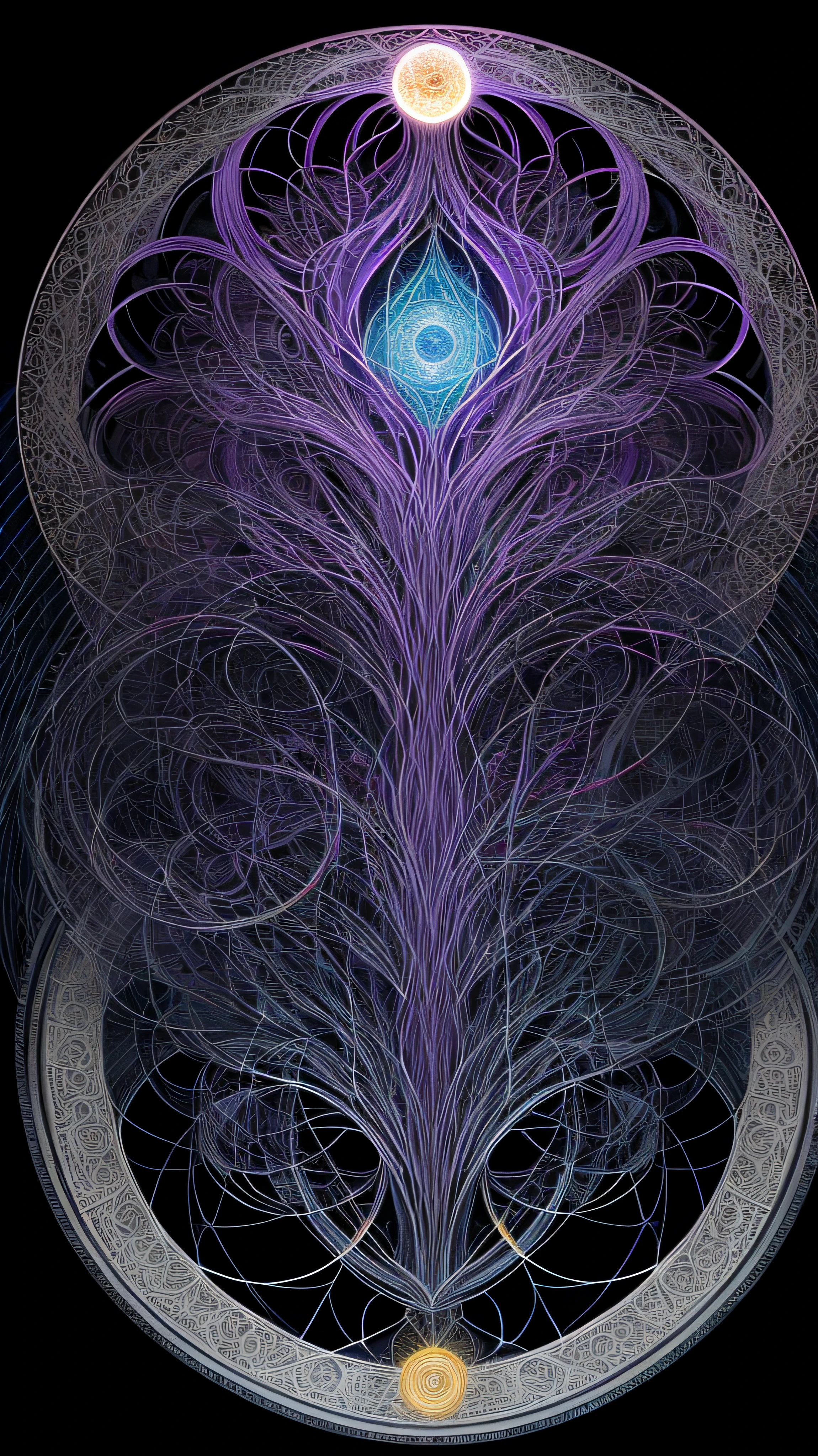 "Envision a mesmerizing scene: a majestic bridge stretching across a serene river, adorned with intricate fractal art patterns. In the background, a vibrant town comes to life, bustling with activity. Standing proudly on the bridge is an esteemed Native American chief, donning traditional attire with feathers and beads, embodying the rich cultural heritage. The artwork is infused with a psychedelic touch, reminiscent of the captivating style of Alex Grey. Let the illusion of this extraordinary composition captivate your imagination."