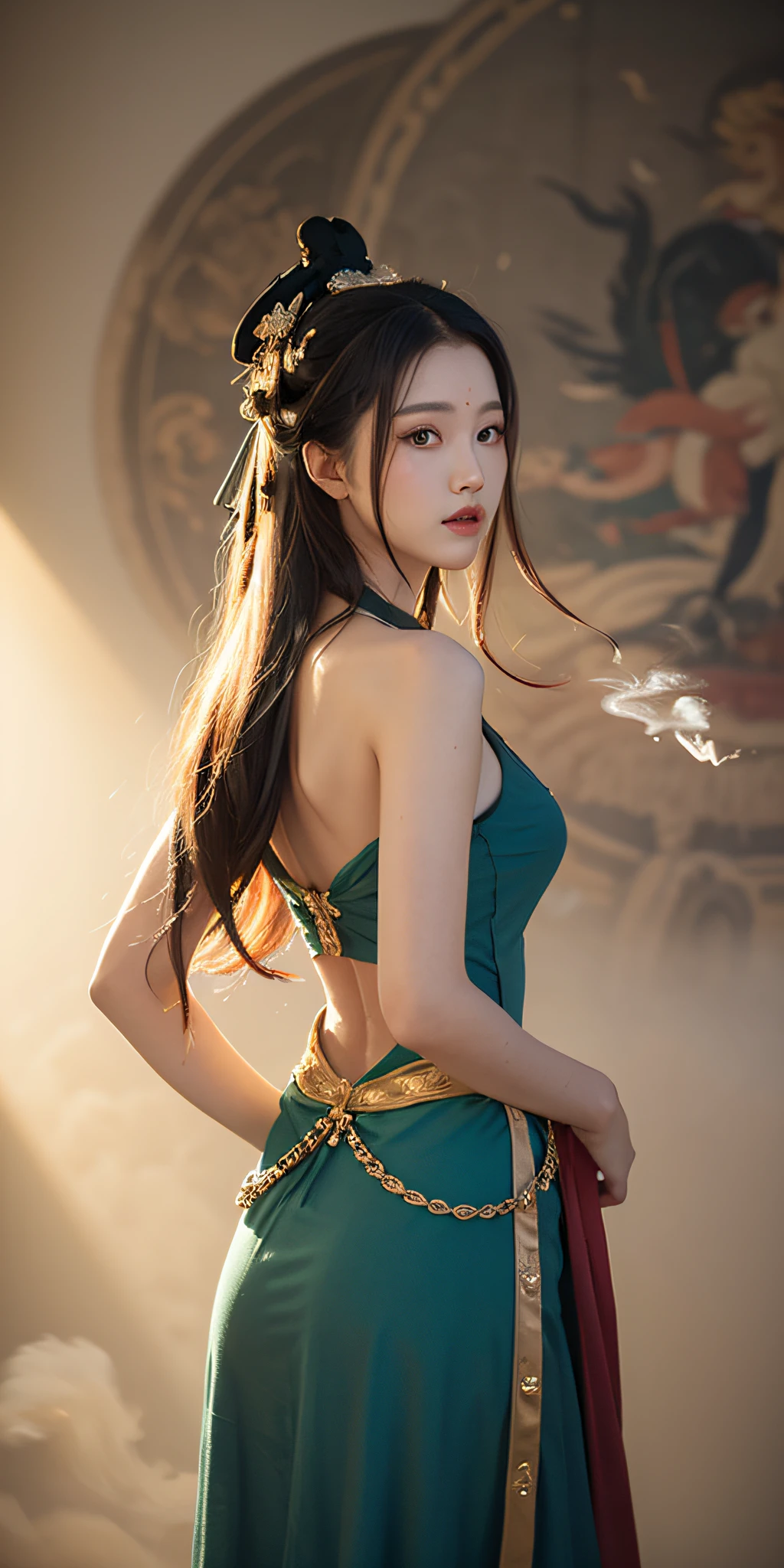 1girl, Dunhuang Flying Apsaras costume, messy long hair, Ji Jian, Dunhuang style, a lot of smoke, superb, elegant colors, (realistic, high detail, masterpiece, super detailed, dynamic angle, mural background, ink wash, amazing, movie lighting, illustration, chiaroscuro, backlighting, god rays, holland, best quality, best quality