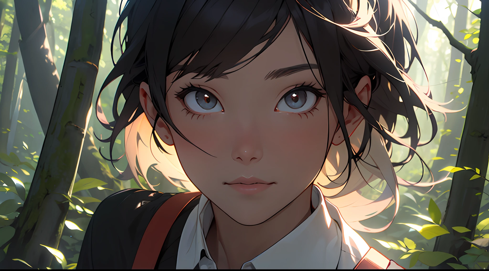A girl in the forest with sunlight on her face