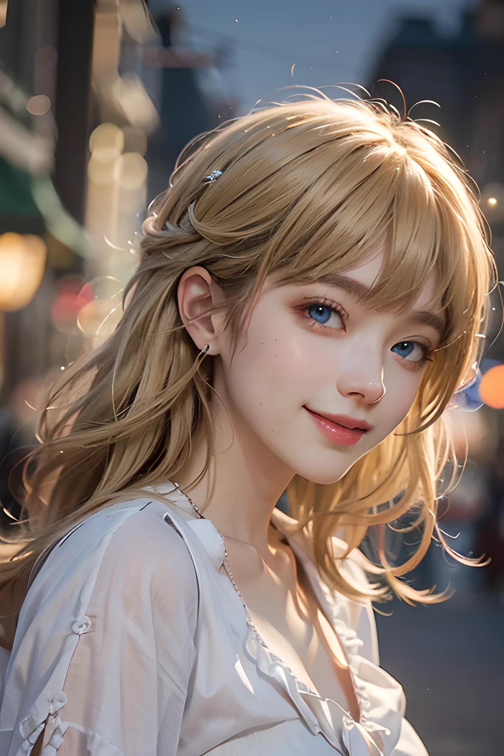 Global Illumination、A masterpiece、maximum quality、Full polygon、Smoothing、Fine touch、semi long、Blonde hair、With bangs、Blue Eye、Happy smile、Night light