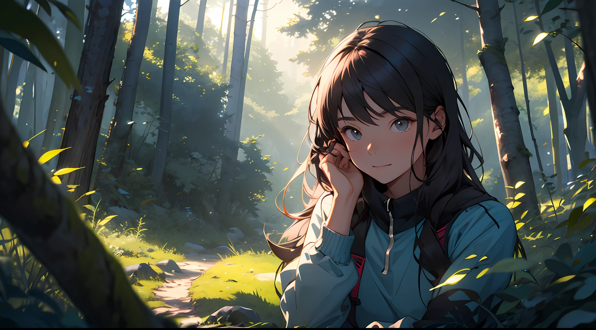 A girl in the forest with sunlight on her face