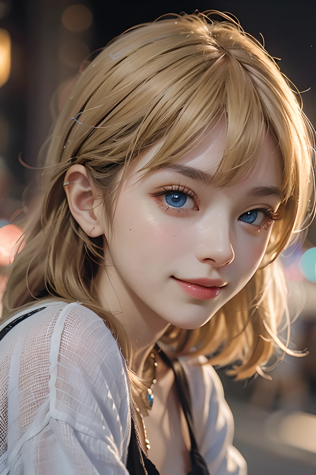 Global Illumination、A masterpiece、maximum quality、Full polygon、Smoothing、Fine touch、semi long、Blonde hair、With bangs、Blue Eye、Happy smile、Night light