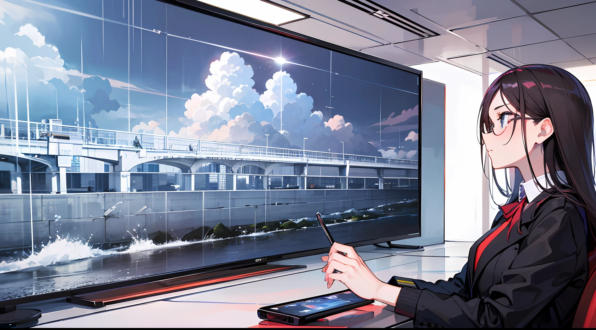 Absurd resolution, high resolution, (masterpiece: 1.4), hyper-detail, TV hostess is explaining the news about weathers, weather conditions is showing on screen, sitting, serious expression, big screen --auto --s2
