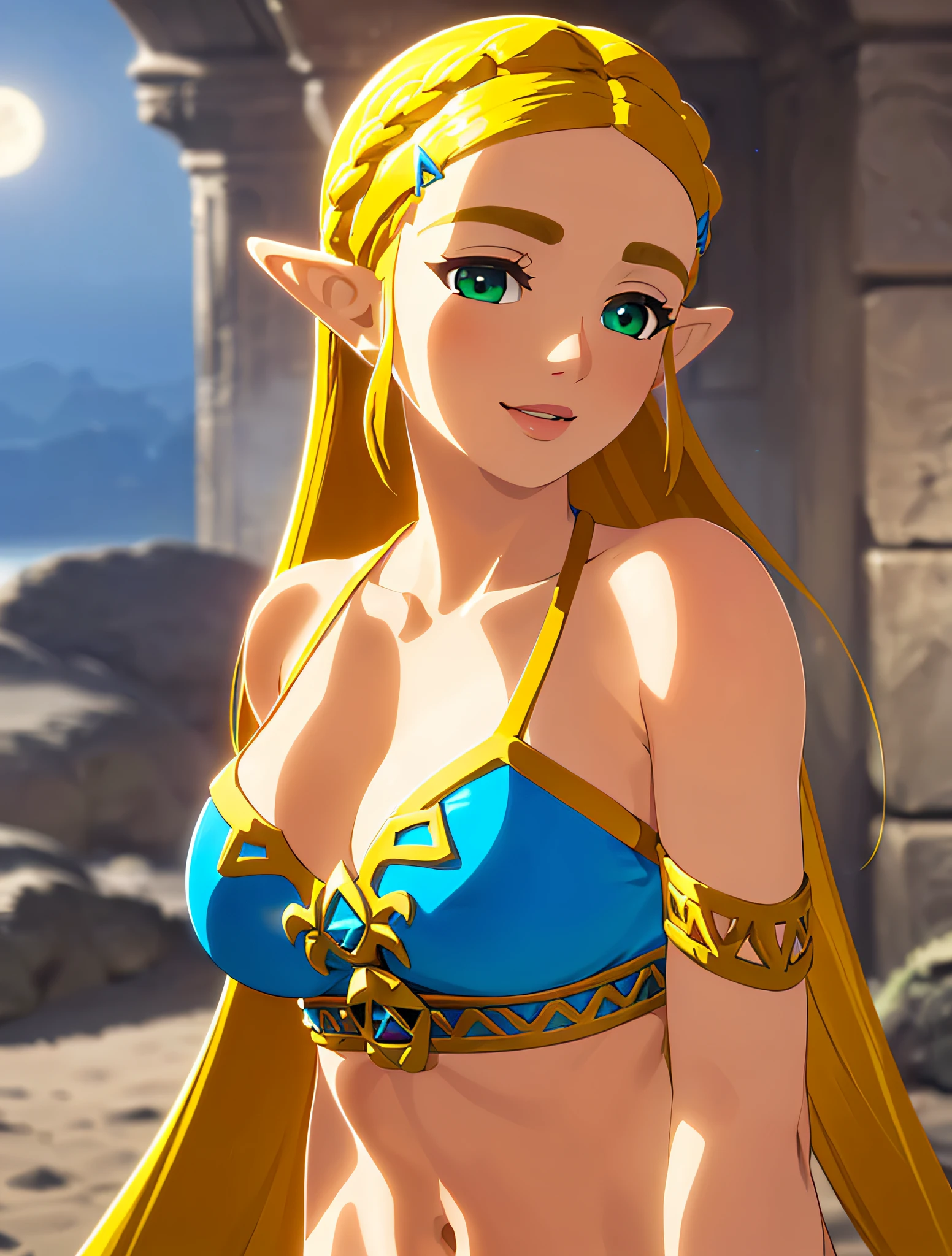 ((masterpiece)),(illustration),(((best quality)),iridescent, high resolution illustration,Amazing,highres,intricate detail, extremely detailed CG unity 8k wallpaper ((zelda)), large breasts, cleavage, upper_body, (delicate cute face), blond long hair, lovestruck,(green eyes), beach, moonlight, night time, micro bikini, g string, smile, facing viewer