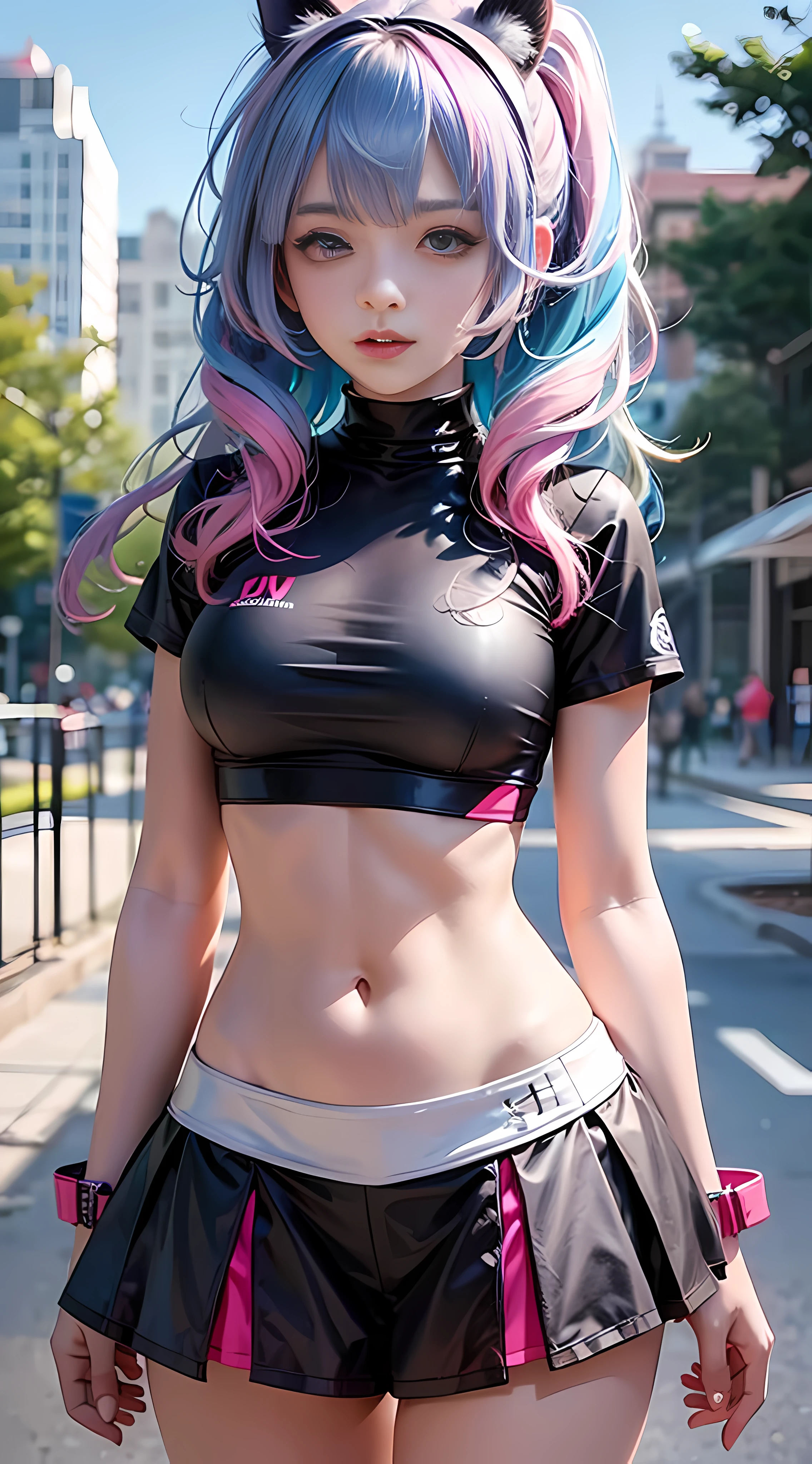 Ultra high quality,8K,Don't miss your fingers,1girle,Sports Girl,Blue-pink hair,miniskirts,Lawn playground,Dopamine girls