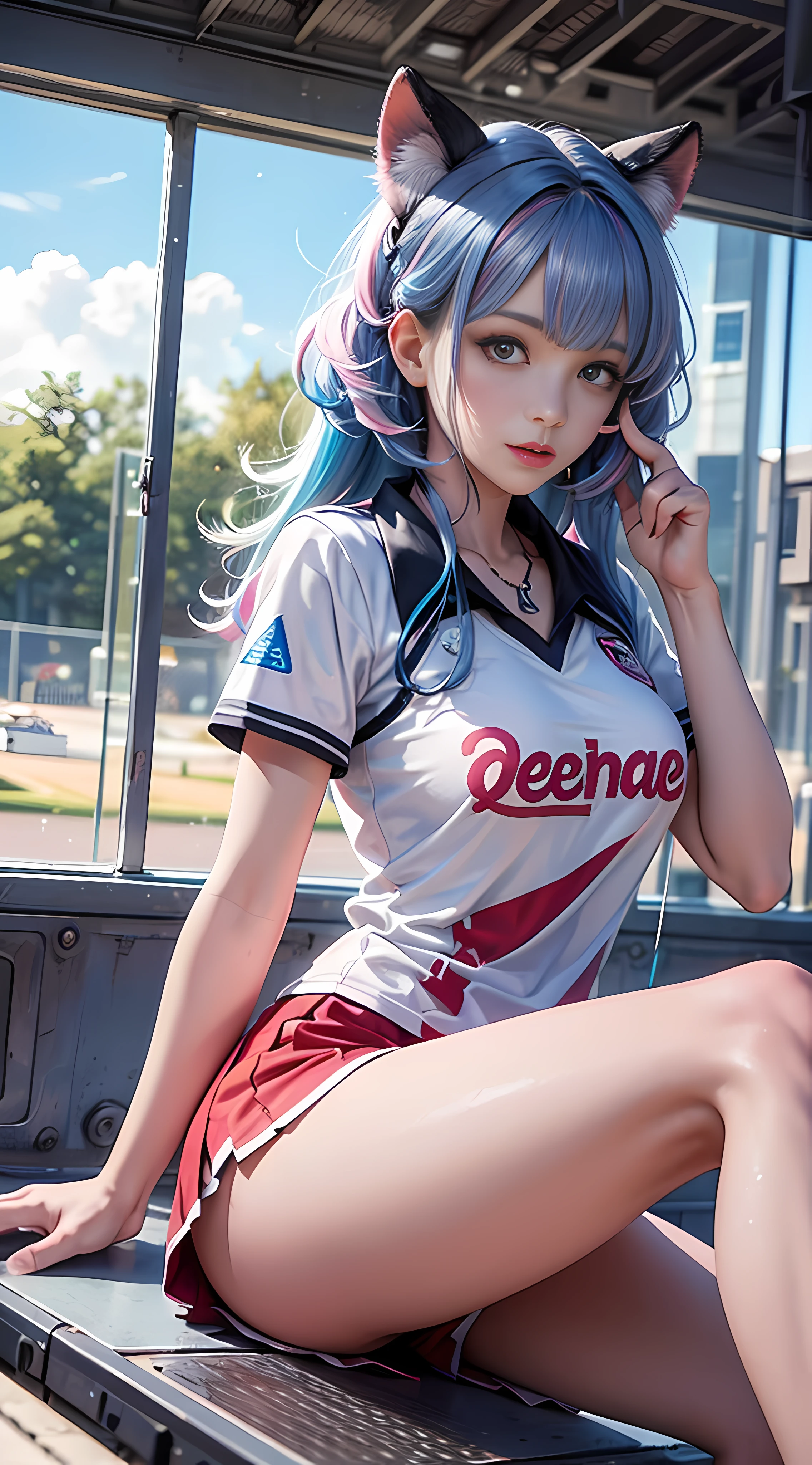 Ultra high quality,8K,Don't miss your fingers,1girle,Sports Girl,Blue-pink hair,miniskirts,Lawn playground,Dopamine girls