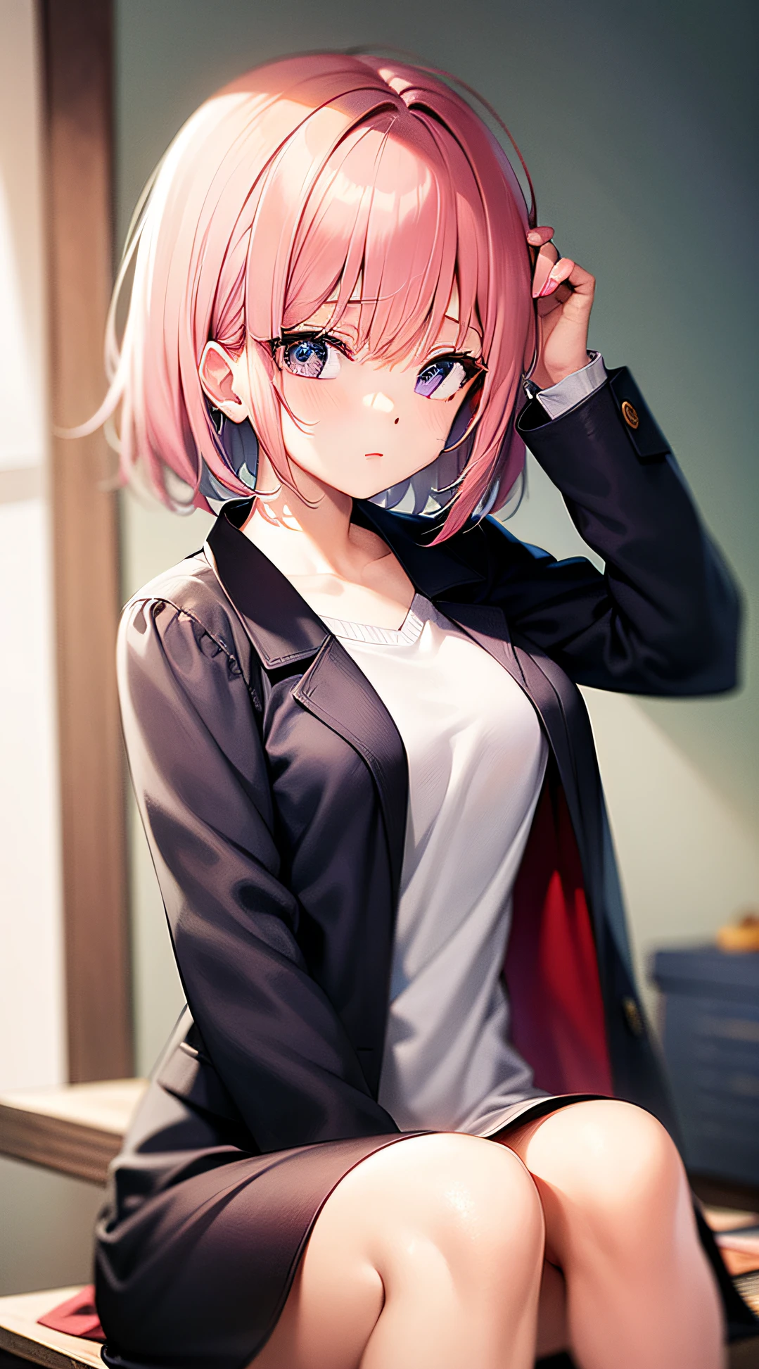 Woman，animejpholic，short-haired，Air bangs，lightly made up，Pink hair。schoolyard