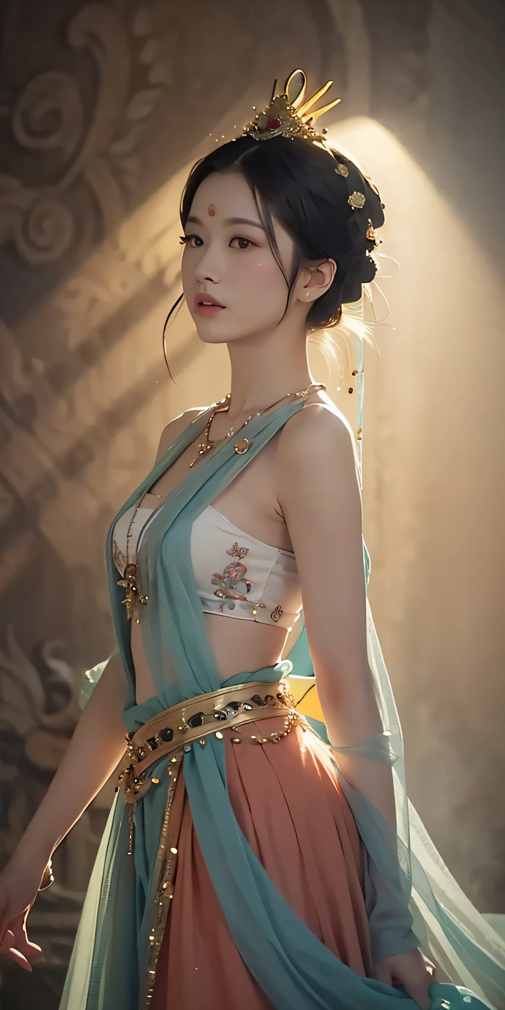 1girl, Dunhuang Flying Apsaras costume, messy long hair, Ji Jian, Dunhuang style, a lot of smoke, superb, elegant colors, (realistic, high detail, masterpiece, super detailed, dynamic angle, mural background, ink wash, amazing, movie lighting, illustration, chiaroscuro, backlighting, god rays, holland, best quality, best quality
