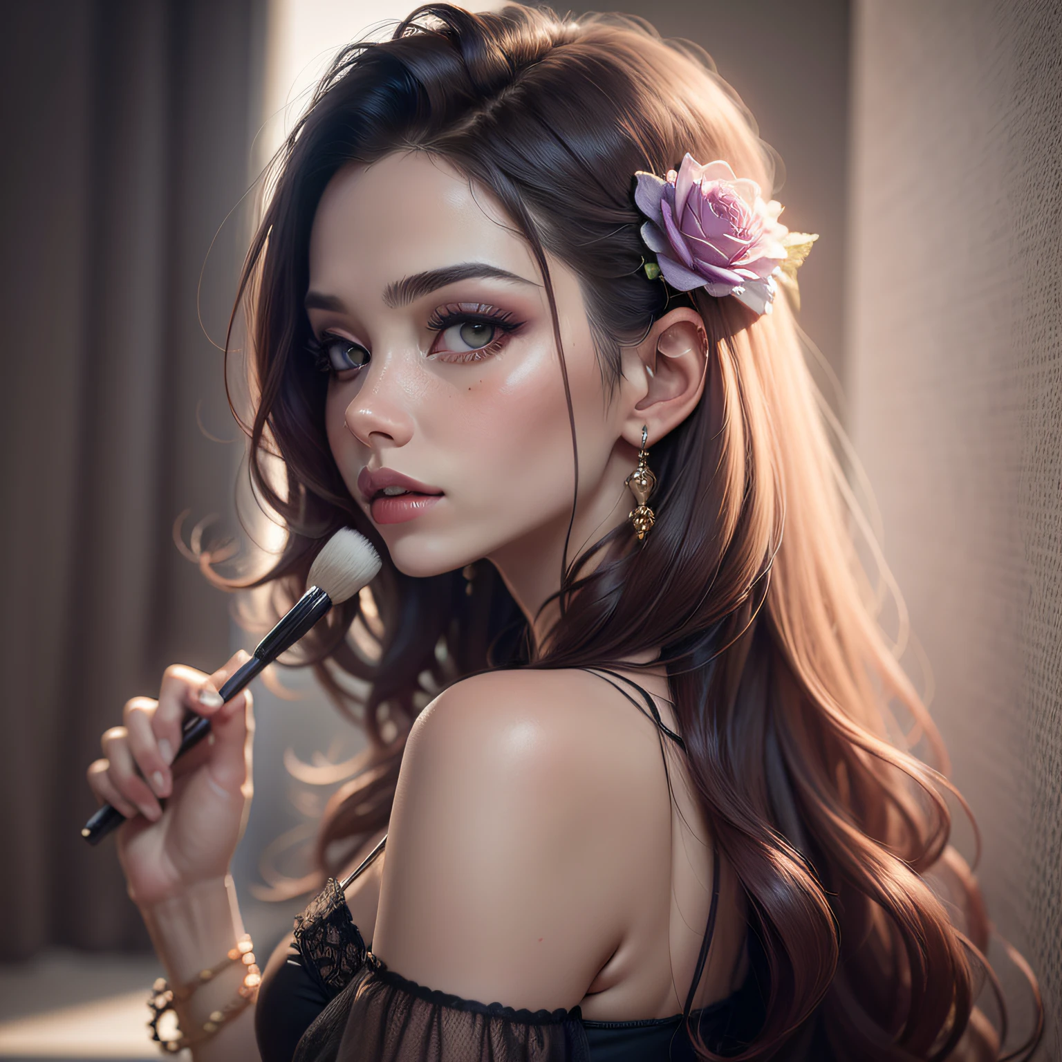 mulher, doing makeup with brush in hand, (estilo to8contrast), (retrato em close), bold lips, foto 8k RAW, Maximum quality, olhos azuis castanhos detalhados, reflexo nos olhos, delineador alado, (olhando para o observador: 1.3), melhor sombra, detalhes intrincados, interior, ondulado vibrante Camadas de cabelo longo com uma parte lateral, (cabelo loiro: 1.3), cores suaves, estilo de alto contraste, glam shot, ardente, (sensual: 1.1), dof, bokeh, intenso, languid, tentador, sensual, sedutor, saudade, anseio, apaixonado, dark photography studio, Minimum illumination, sombras profundas, contrastes absolutos, dramatic highlights, (pano de fundo preto: 1.2), covinhas, plenitude, rechonchudo, beicinho natural, sensualidade, rose lips, cor ousada, beleza sedutora, cativante, marcante, unforgettable, estonteante, breathtaking and timeless. (ombros nus: 1.2), full head shot