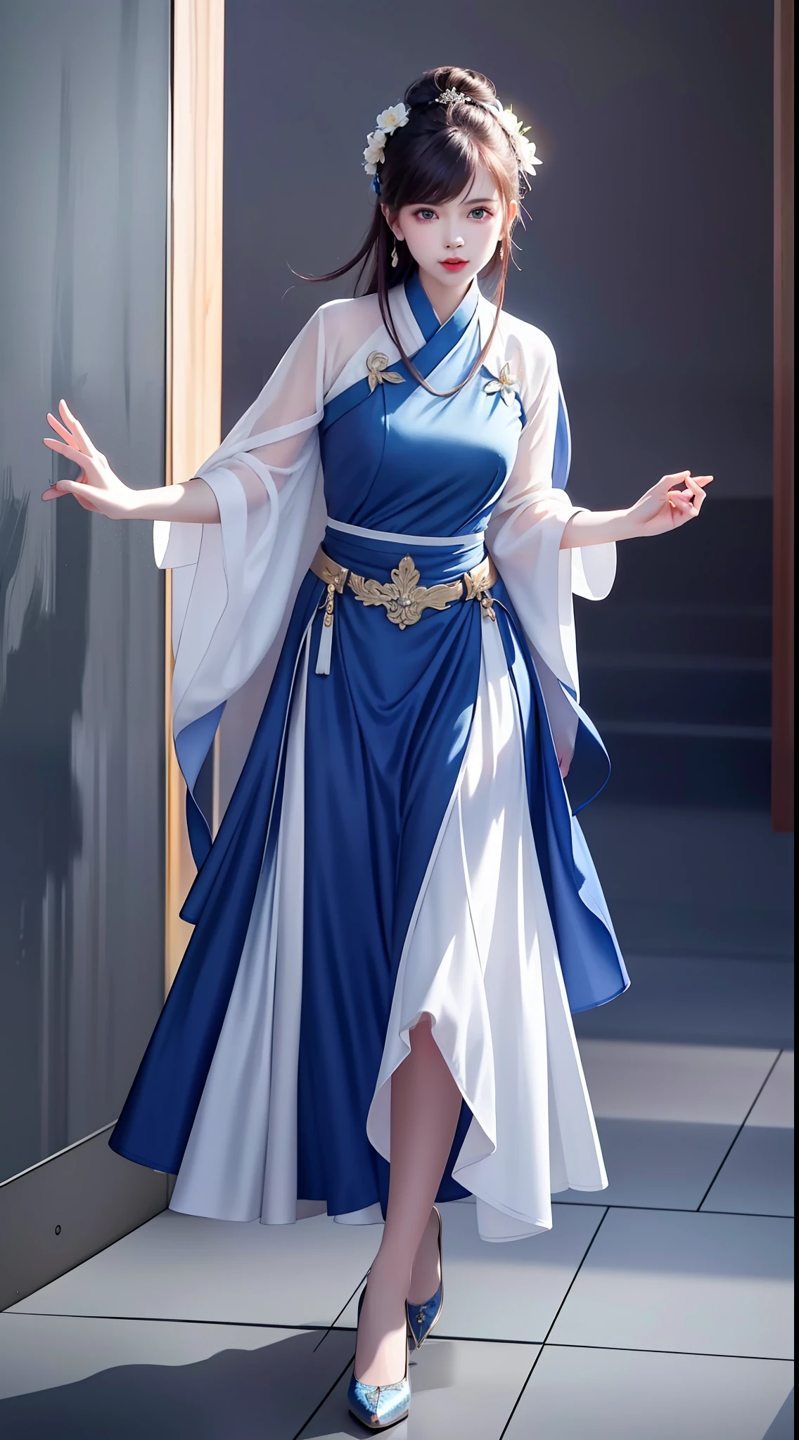 Hanfu, National Style 3.2, Full Body, Walking Posture, Slow Motion, Men Wear Full Body Multi-layered (Heavy Robe: 1.2), (Blue Ice Flower Long Dress: 1.2), Gloves, (Very Detailed, Bloom: 1.5), (Highest Quality, Alessandro Casagrande, Greg Rutkowski, Sally Mann, Concept Art, 4k), (Analog: 1.2), (High Definition), (Detail Pupil: 1.1), (Painting: 1.1), (Digital Painting: 1.1), Detailed Face and Eyes, Masterpiece, Best Quality, (Highly Detailed Photo: 1.1), 8K, Realistic, (Ice Hair Color, Dynamic Hairstyle), (pureerosface_v1:0.1), Jeremy Mann, Sandra Chevrier, Maciej Kuciara, Sharp, (torn body: 1.1), realistic, realistic shadows, (ice background: 1.2), (Michelangelo), ohwx style<lora: (style of ohwx) masterpiece, best quality, (extremely detailed CG unity 8k wallpaper, masterpiece, best quality, ultra-detailed, best shadow), (detailed background), (beautiful detailed face, beautiful detailed eyes), High contrast, (best illumination, an extremely delicate and beautiful), (girl:1.5), ((Not relevant)), ((caustic)), dynamic angle, beautiful detailed glow, (portrait:0.2),dynamic angle, beautiful detailed glow, (portrait:0.2),pigtail,full body,