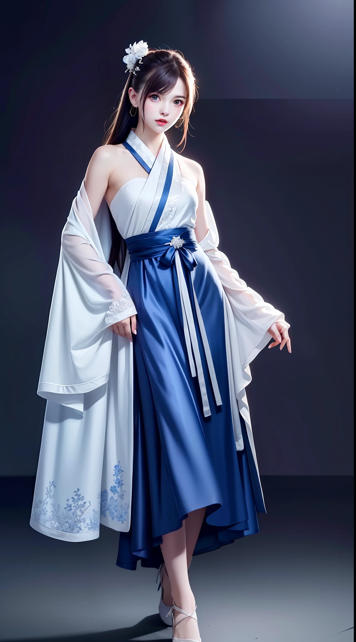 Hanfu, National Style 3.2, Full Body, Walking Posture, Slow Motion, Men Wear Full Body Multi-layered (Heavy Robe: 1.2), (Blue Ice Flower Long Dress: 1.2), Gloves, (Very Detailed, Bloom: 1.5), (Highest Quality, Alessandro Casagrande, Greg Rutkowski, Sally Mann, Concept Art, 4k), (Analog: 1.2), (High Definition), (Detail Pupil: 1.1), (Painting: 1.1), (Digital Painting: 1.1), Detailed Face and Eyes, Masterpiece, Best Quality, (Highly Detailed Photo: 1.1), 8K, Realistic, (Ice Hair Color, Dynamic Hairstyle), (pureerosface_v1:0.1), Jeremy Mann, Sandra Chevrier, Maciej Kuciara, Sharp, (torn body: 1.1), realistic, realistic shadows, (ice background: 1.2), (Michelangelo), ohwx style<lora: (style of ohwx) masterpiece, best quality, (extremely detailed CG unity 8k wallpaper, masterpiece, best quality, ultra-detailed, best shadow), (detailed background), (beautiful detailed face, beautiful detailed eyes), High contrast, (best illumination, an extremely delicate and beautiful), (girl:1.5), ((Not relevant)), ((caustic)), dynamic angle, beautiful detailed glow, (portrait:0.2),dynamic angle, beautiful detailed glow, (portrait:0.2),pigtail,full body,