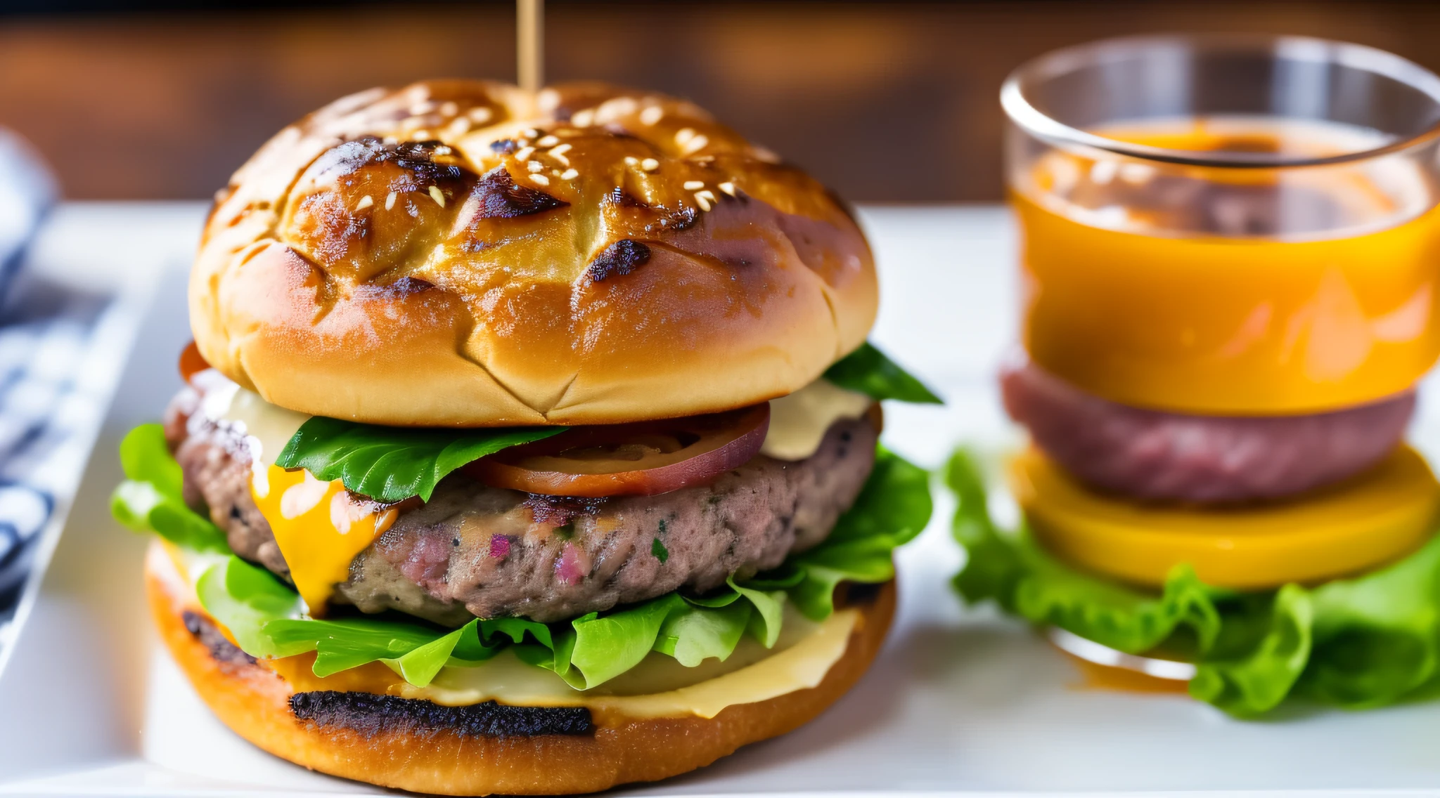 a delicious triple meat burger with bacon and yellow cheese, accompanied with a glass of coke