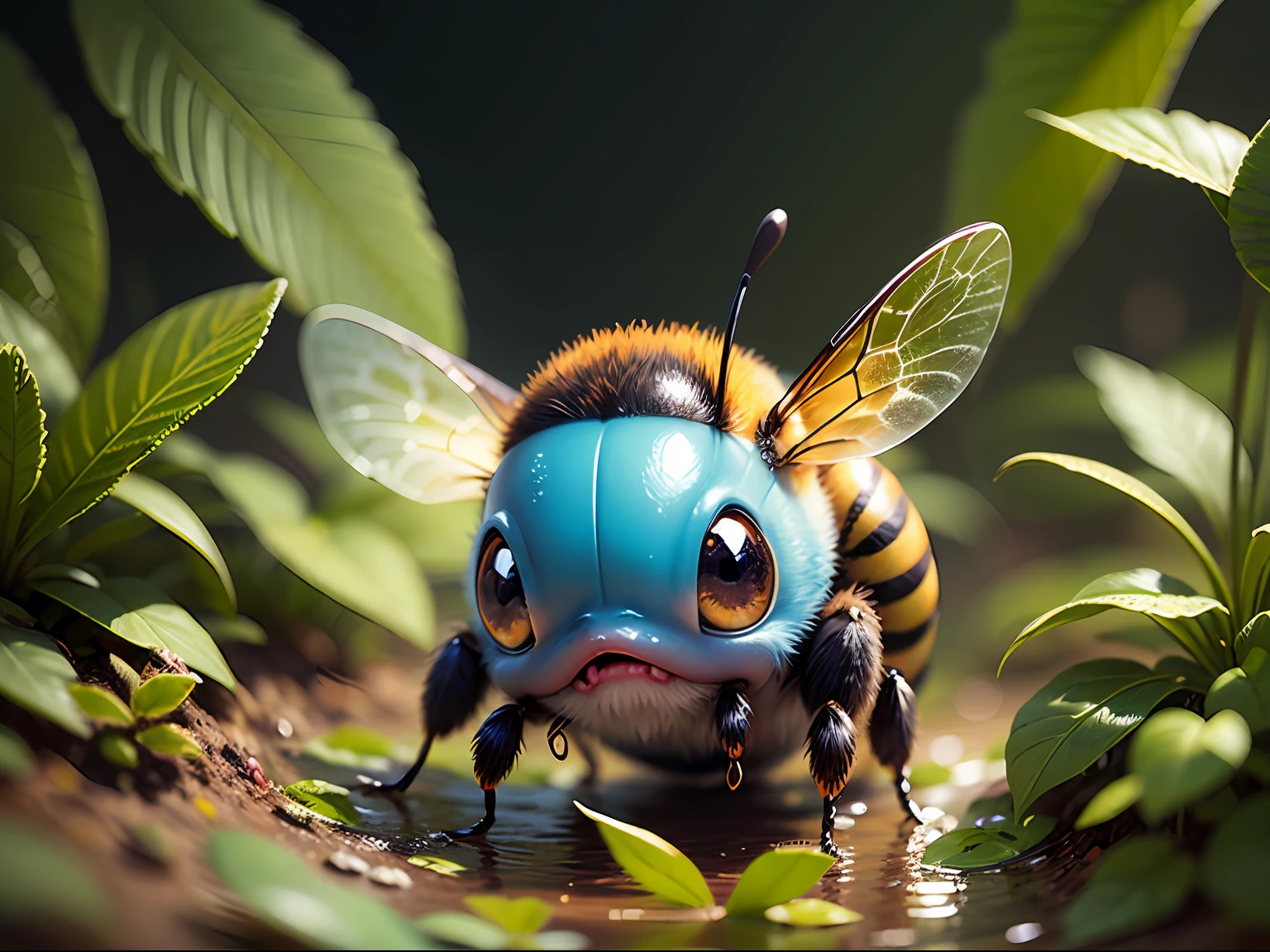 Best Quality, Masterpiece, Excellent, A Sealed Bee Little Monster, In the Jungle, Panorama, Subject in the Middle of the Frame, Large Movement, Friendly Expressions, Non-Human (Water Attribute 1.2), Flattened (1.4), Texture, Dark Simple Background --auto --s2