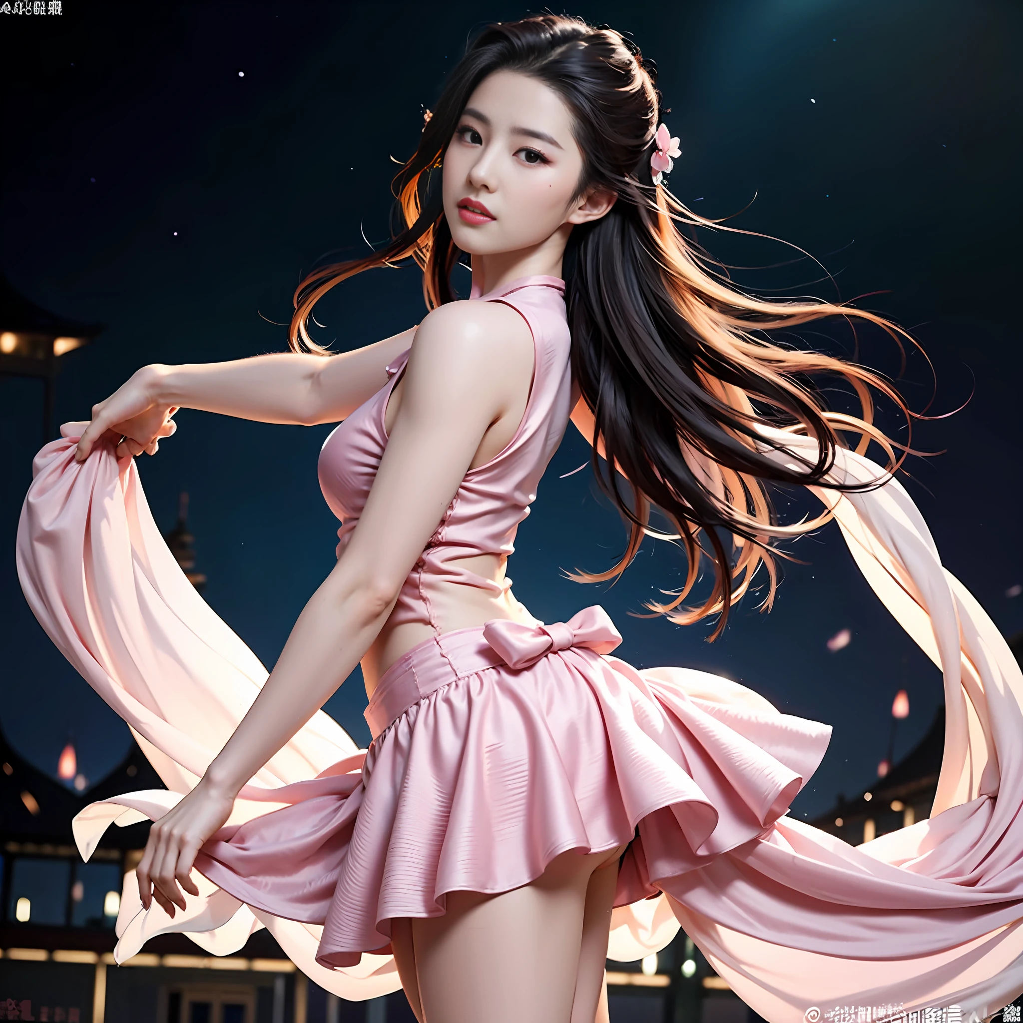 a close up of a woman in a pink dress posing for a picture, yanjun cheng, Pink dress, flowing dress, sexy dress, sakimichan, flowing sakura-colored silk, wearing a pink dress, gorgeous chinese model, with a thin waist, flowing sakura silk, trending on cgstation, elegant glamourous cosplay, xintong chen