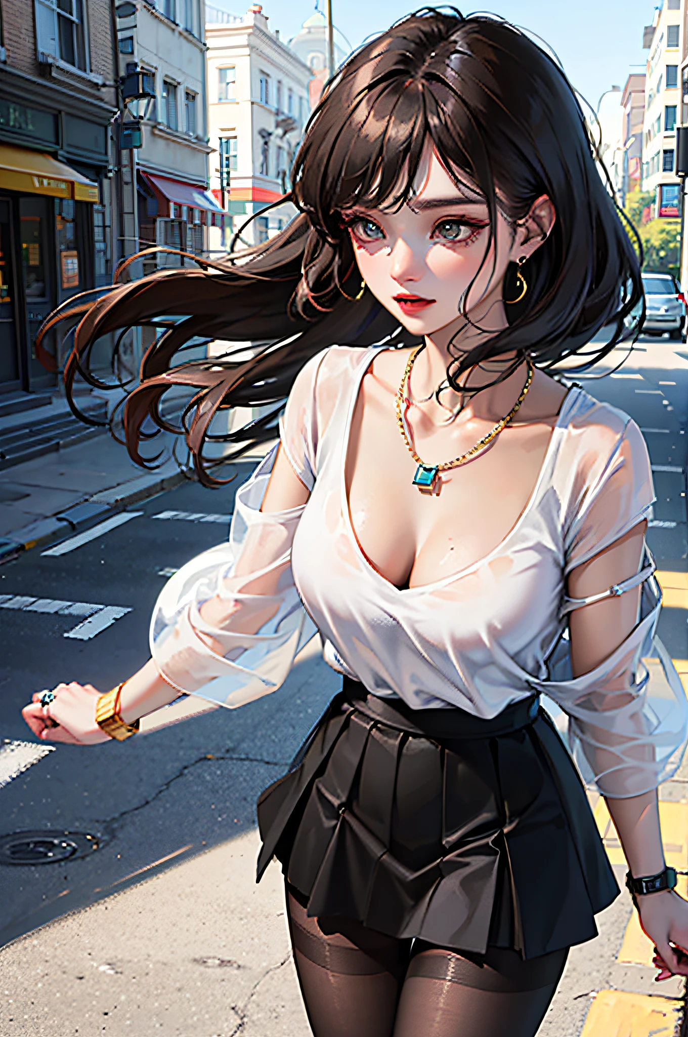 (best qualit,8K,A Masterpiece),(A pretty maiden,with long black hair,Long messy hair,curly hair,large eye:1.3,Long eyelashes,Delicate makeup:1.4,Sexy lips,Blushlush),(Exquisite watches,Reflective necklace,Bulgari's earrings,Bulgari's ring),(Take a walk in the streets,Capture,Street photography),(Fashionable outfits,dressed in a white t shirt,nike),(Middle breast,endure),(Black oily transparent pantyhose),(Black hip skirt),Light ripe,Royal sister,Optimal light,best shadow,Cinematic Lights,28 years old,1girle,Need,(realskin,Supple skin)raytracing,Unreal Engine 5,Reflective skin,Digital illustration,Game CG characters,Supermodel,(kpop,idol),(Body edge lighting,Colored light sources are around),There is wind blowing hair,Looking into the distance,