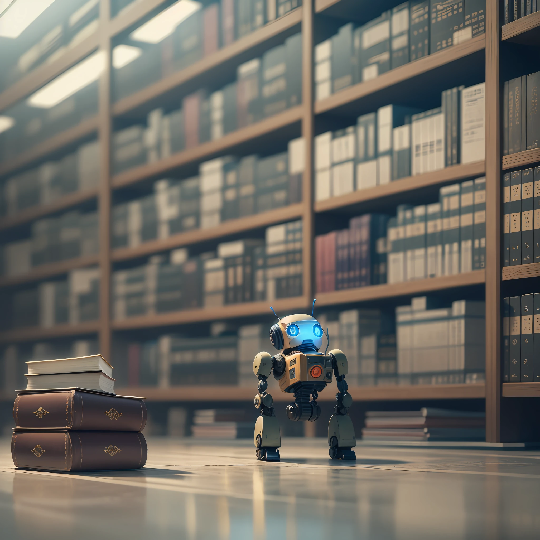 A huge library with millions of books, a cute robot is reading a big book in the library standing next to a huge shlive of books, cinematic view, 8k --auto --s2