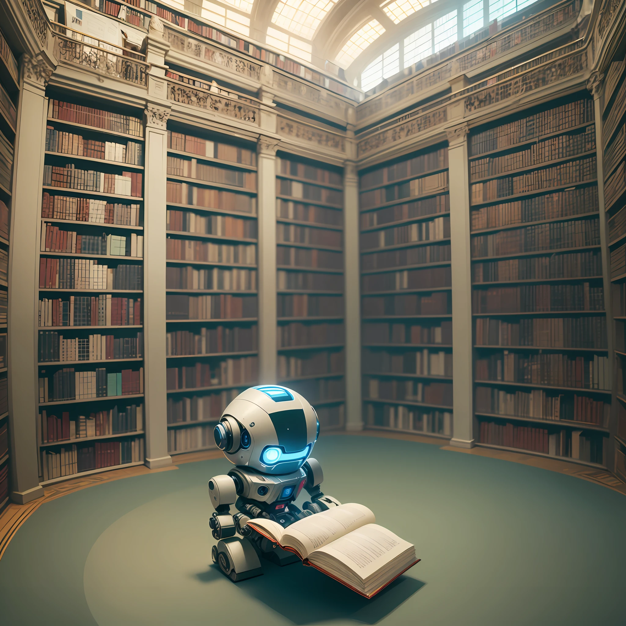 A huge library with millions of books, a cute robot is reading a big book in the library standing next to a huge shlive of books, cinematic view, 8k --auto --s2