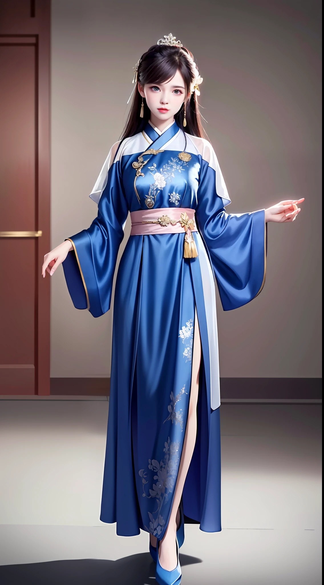 Hanfu, National Style 3.2, Full Body, Walking Posture, Slow Motion, Men Wear Full Body Multi-layered (Heavy Robe: 1.2), (Blue Ice Flower Long Dress: 1.2), Gloves, (Very Detailed, Bloom: 1.5), (Highest Quality, Alessandro Casagrande, Greg Rutkowski, Sally Mann, Concept Art, 4k), (Analog: 1.2), (High Definition), (Detail Pupil: 1.1), (Painting: 1.1), (Digital Painting: 1.1), Detailed Face and Eyes, Masterpiece, Best Quality, (Highly Detailed Photo: 1.1), 8K, Realistic, (Ice Hair Color, Dynamic Hairstyle), (pureerosface_v1:0.1), Jeremy Mann, Sandra Chevrier, Maciej Kuciara, Sharp, (torn body: 1.1), realistic, realistic shadows, (ice background: 1.2), (Michelangelo), ohwx style<lora: (style of ohwx) masterpiece, best quality, (extremely detailed CG unity 8k wallpaper, masterpiece, best quality, ultra-detailed, best shadow), (detailed background), (beautiful detailed face, beautiful detailed eyes), High contrast, (best illumination, an extremely delicate and beautiful), (girl:1.5), ((Not relevant)), ((caustic)), dynamic angle, beautiful detailed glow, (portrait:0.2),dynamic angle, beautiful detailed glow, (portrait:0.2),pigtail,full body,