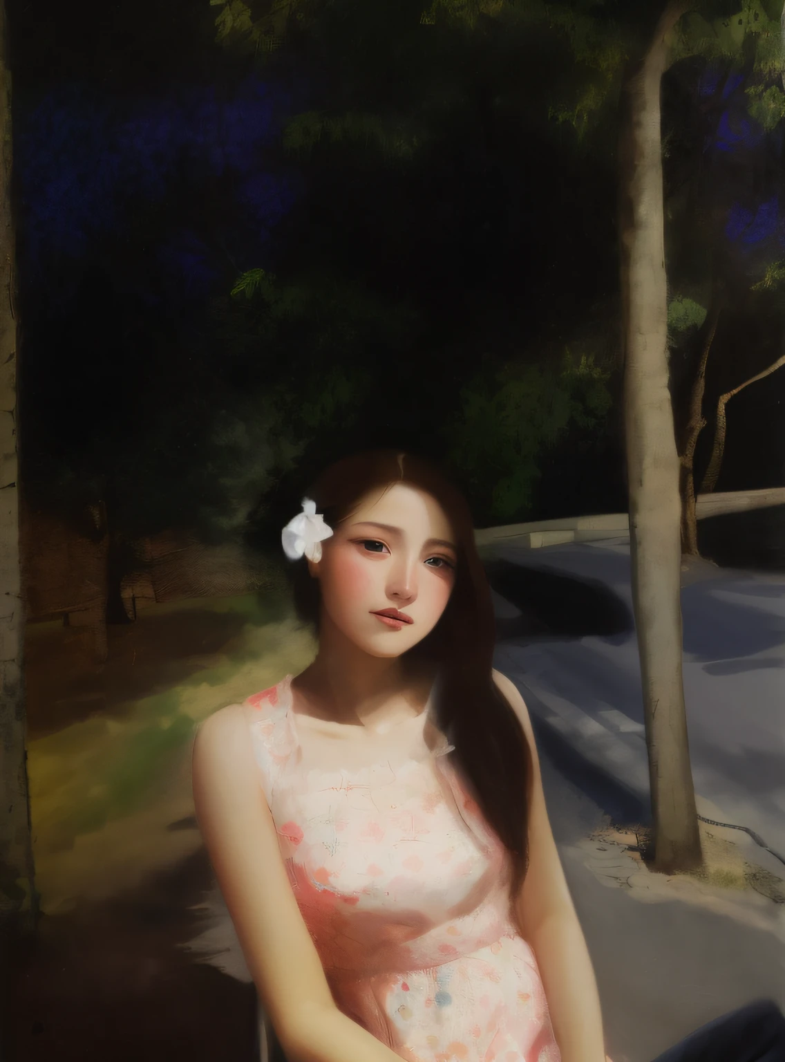 painting of a woman in a pink dress sitting on a bench, oil digital painting, soft digital painting, twilight ; digital oil painting, a digital painting, inspired by Itō Shinsui, soft portrait, art digital painting, inspired by Carlo Mense, twilight ; digital painting, in the art style of bowater, digtial painting, digital oil painting, background sakura tree and japanese theme --auto