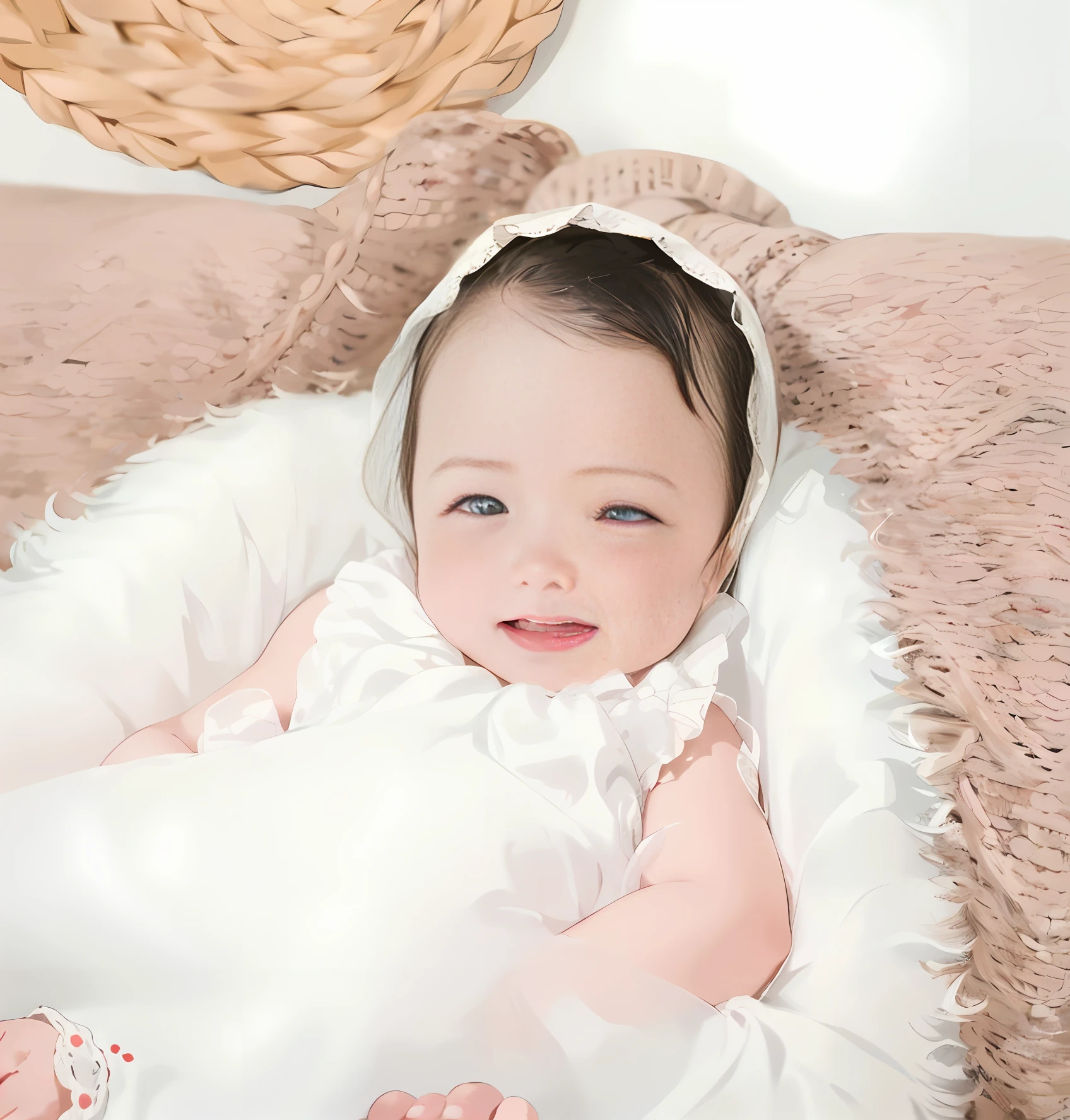 arafed baby girl in a white dress and bonnet laying on a blanket, ruan jia beautiful!, sweet and innocent, of an beautiful angel girl, lovely and cute, beautiful cute, she has a cute expressive face, Innocent smile, She smiled,Very happy, lovely and cute, cute beautiful, wan adorable korean face, She smiled,Very excited,beautiful big eyes
