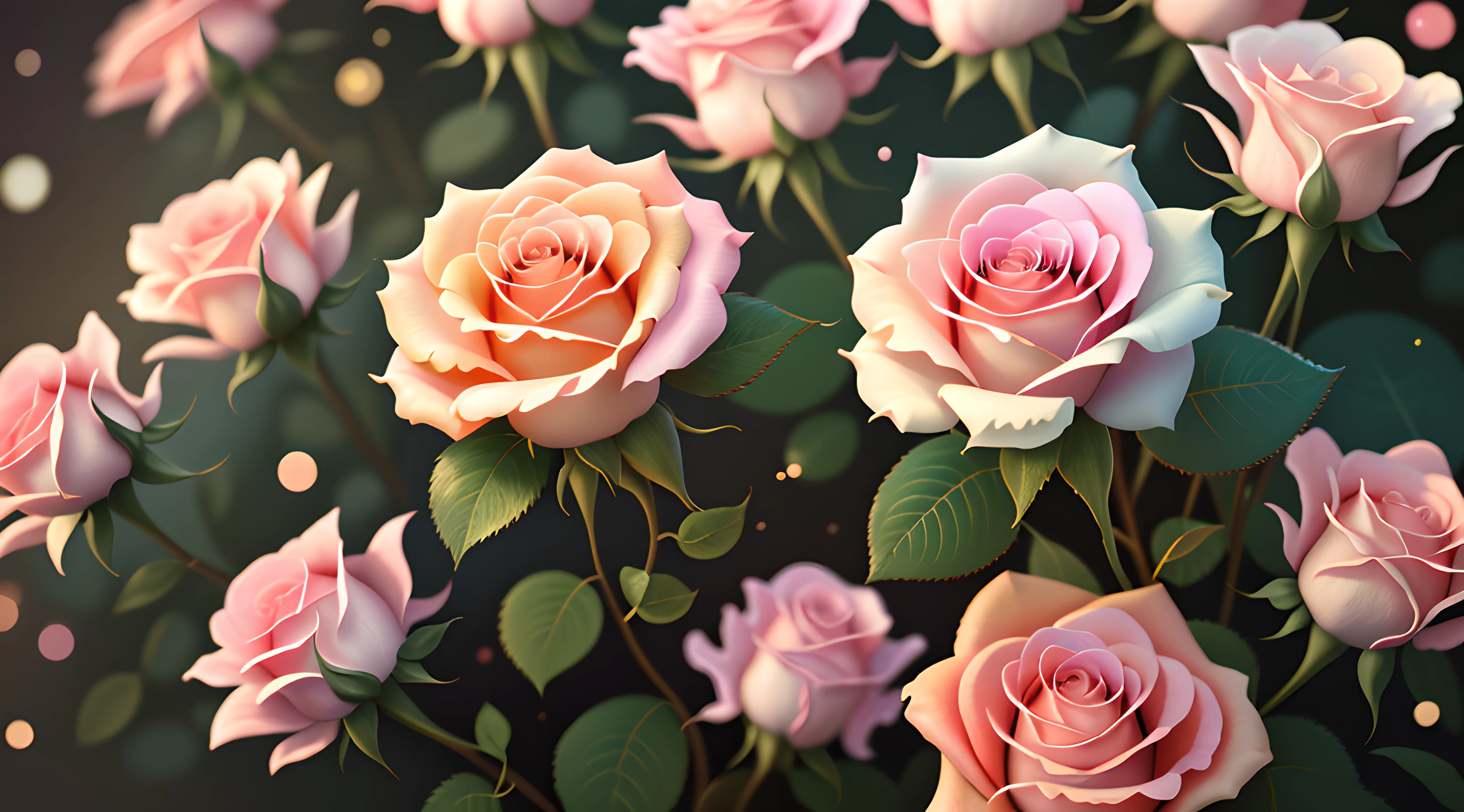 Masterpiece, best quality, (very detailed 8k wallpaper) (best quality), (best illustration), (best shadows) pastel roses, opulent border, bokeh, pastel sparkle