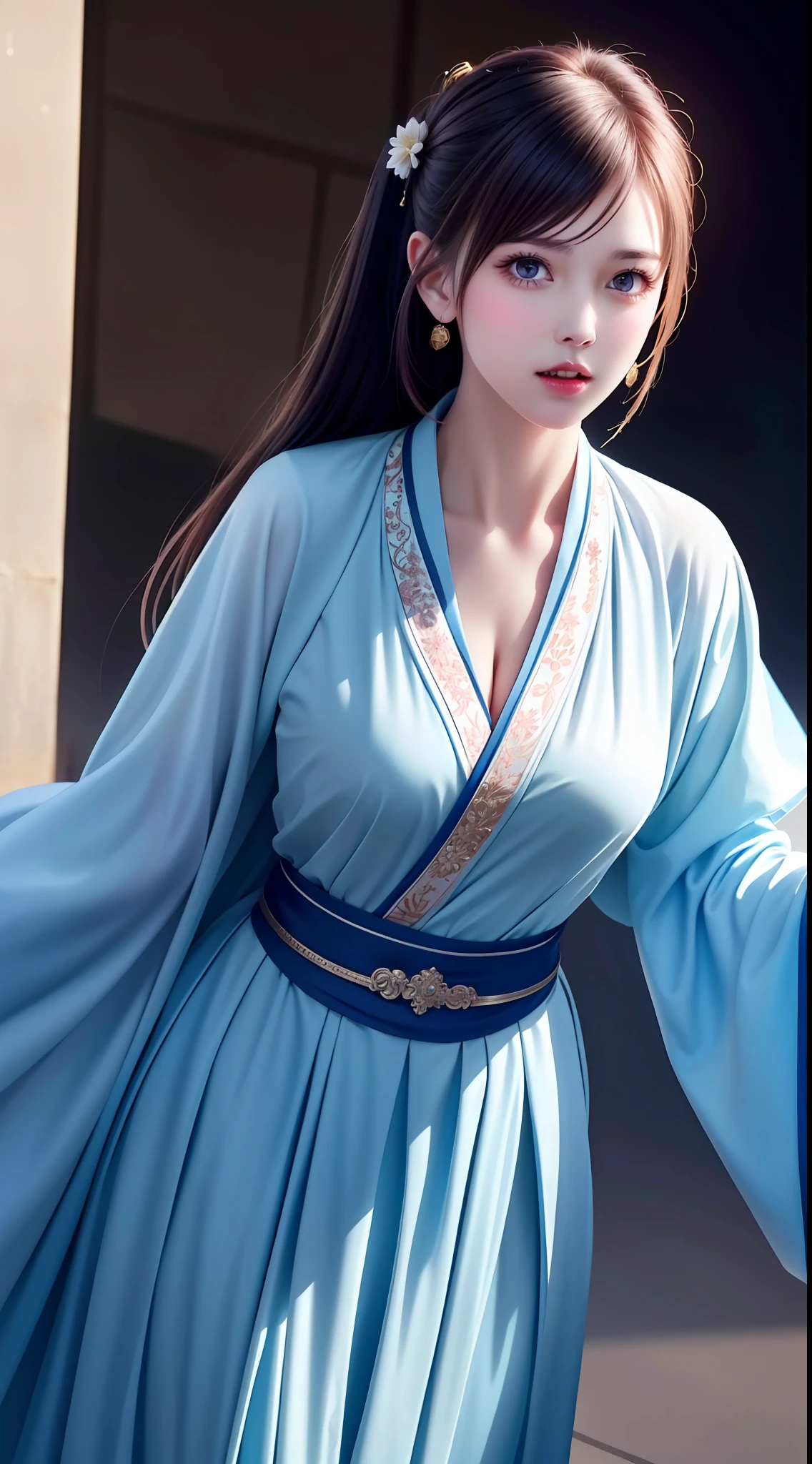Hanfu, National Style 3.2, Full Body, Walking Posture, Slow Motion, Men Wear Full Body Multi-layered (Heavy Robe: 1.2), (Blue Ice Flower Long Dress: 1.2), Gloves, (Very Detailed, Bloom: 1.5), (Highest Quality, Alessandro Casagrande, Greg Rutkowski, Sally Mann, Concept Art, 4k), (Analog: 1.2), (High Definition), (Detail Pupil: 1.1), (Painting: 1.1), (Digital Painting: 1.1), Detailed Face and Eyes, Masterpiece, Best Quality, (Highly Detailed Photo: 1.1), 8K, Realistic, (Ice Hair Color, Dynamic Hairstyle), (pureerosface_v1:0.1), Jeremy Mann, Sandra Chevrier, Maciej Kuciara, Sharp, (torn body: 1.1), realistic, realistic shadows, (ice background: 1.2), (Michelangelo), ohwx style<lora: (style of ohwx) masterpiece, best quality, (extremely detailed CG unity 8k wallpaper, masterpiece, best quality, ultra-detailed, best shadow), (detailed background), (beautiful detailed face, beautiful detailed eyes), High contrast, (best illumination, an extremely delicate and beautiful), (girl:1.5), ((Not relevant)), ((caustic)), dynamic angle, beautiful detailed glow, (portrait:0.2),dynamic angle, beautiful detailed glow, (portrait:0.2),pigtail,full body,