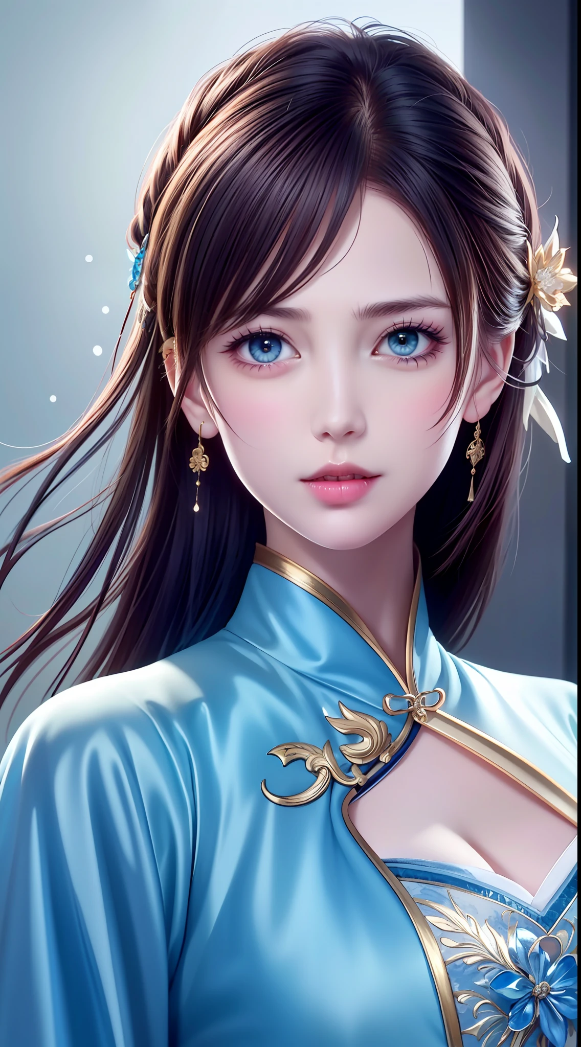 Hanfu, National Style 3.2, Full Body, Walking Posture, Slow Motion, Men Wear Full Body Multi-layered (Heavy Robe: 1.2), (Blue Ice Flower Long Dress: 1.2), Gloves, (Very Detailed, Bloom: 1.5), (Highest Quality, Alessandro Casagrande, Greg Rutkowski, Sally Mann, Concept Art, 4k), (Analog: 1.2), (High Definition), (Detail Pupil: 1.1), (Painting: 1.1), (Digital Painting: 1.1), Detailed Face and Eyes, Masterpiece, Best Quality, (Highly Detailed Photo: 1.1), 8K, Realistic, (Ice Hair Color, Dynamic Hairstyle), (pureerosface_v1:0.1), Jeremy Mann, Sandra Chevrier, Maciej Kuciara, Sharp, (torn body: 1.1), realistic, realistic shadows, (ice background: 1.2), (Michelangelo), ohwx style<lora: (style of ohwx) masterpiece, best quality, (extremely detailed CG unity 8k wallpaper, masterpiece, best quality, ultra-detailed, best shadow), (detailed background), (beautiful detailed face, beautiful detailed eyes), High contrast, (best illumination, an extremely delicate and beautiful), (girl:1.5), ((Not relevant)), ((caustic)), dynamic angle, beautiful detailed glow, (portrait:0.2),dynamic angle, beautiful detailed glow, (portrait:0.2),pigtail,full body,