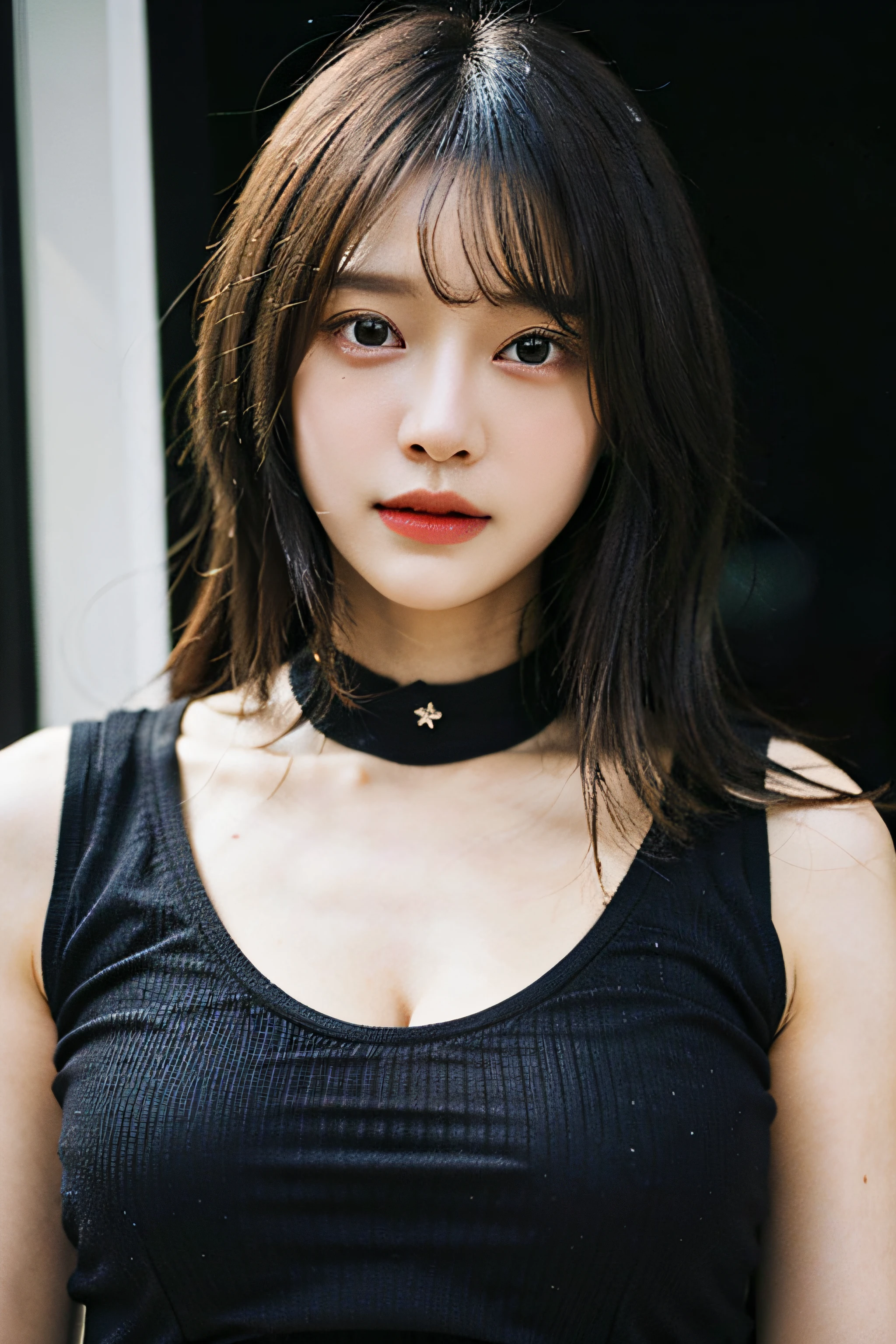 best quality, ultra high res, (((Very detailed face)))), ((Very detailed eyes and face)))), Beautiful detail eyes, (photorealistic:1.4), 1girl, crop-top black shirt, black choker, (faded ash gray hair:1), (huge breasts:1.4),full body portrait, looking at viewer, closeup ,