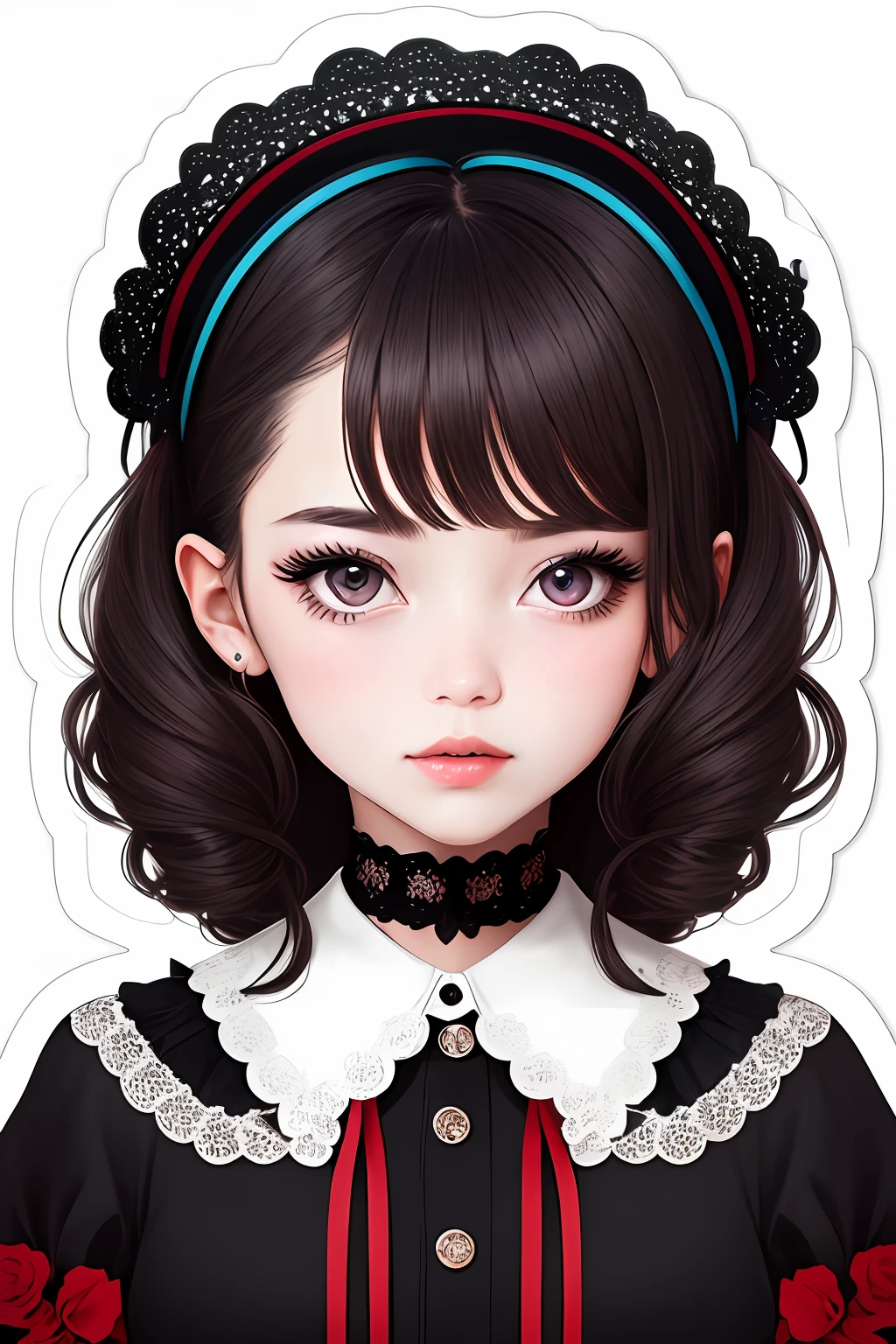 ((sticker)), a 1girl, Gothic Lolita Fashion、Portrait、Shiberpunk (A Masterpiece:1.2), （White background）、(maximum quality), (ultra- detailed), (8K, 4 k, intricate), (High detail:1.2),