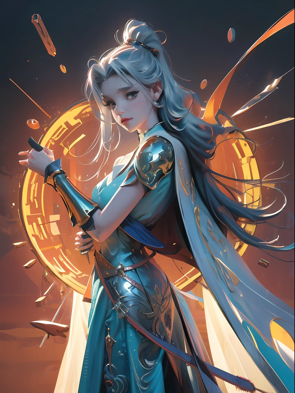 close-up of Britney Spears in a silver and blue dress, chengwei pan on artstation, by Yang J, detailed fantasy art, stunning character art, fanart best artstation, epic and exquisite character art, beautiful armor, extremely detailed art, detailed digital anime art, artgerm on artstation pixiv, girl in armor