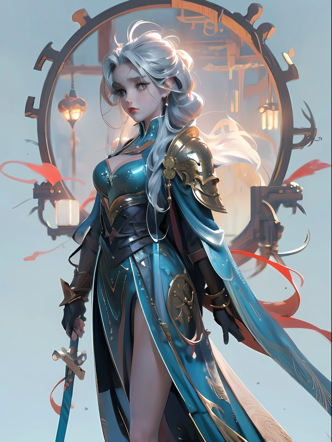 close-up of Britney Spears in a silver and blue dress, chengwei pan on artstation, by Yang J, detailed fantasy art, stunning character art, fanart best artstation, epic and exquisite character art, beautiful armor, extremely detailed art, detailed digital anime art, artgerm on artstation pixiv, girl in armor