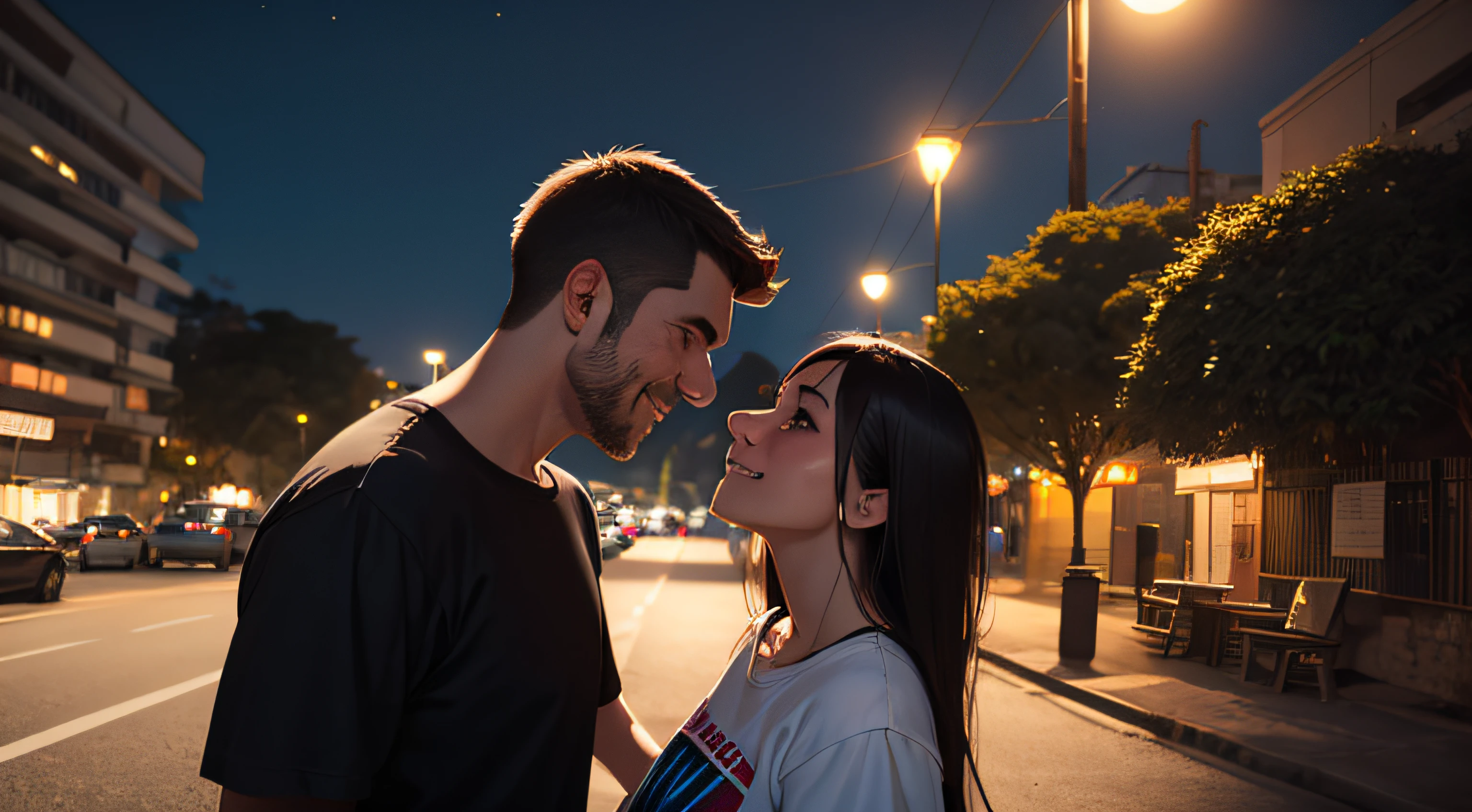 homem conversando com uma mulher, homem camiseta preta, sentados, fazendo pique-nique, rio ao lado, dia ensolarado, parque bonito, no parque, sentados em uma toalha, comida ao redor, natureza linda, Side view, sorrisos, sorrindo, olhando um para o outro, ambos sorrindo, cidade, noite, sidewalk, noite bonita, cinematic realistic portrait, render retrato 8k, Cinematic photo, realistic face moody lighting, imagem ultra realista, arte de personagem motor irreal, arte cyberpunk ultrarrealista 8k, Cinematic, estilo de arte fotorrealista, um ultra realista, tiro retrato detalhado, homem bonito, retrato tiro 8K --auto