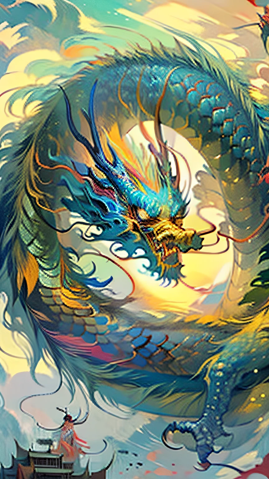 Official Art, Unified 8K Wallpapers, Ultra Detailed, Beautiful and Aesthetic, Masterpiece, Best Quality, (Zentangle, Tangle, Entangle), (fractal art: 1.4), 1girl, black hair, Chinese, bare shoulders, short skirt, calf, navel, very detailed, dynamic angle, cowboyshot, (most beautiful form chaos), flowing, (bright colors), oc, (half: 1.2), china, (thangka flying sky: 1.5), (ribbon: 1.3), (dream: 1.5), (hanfu: 1.5), Chinese dragon, Chinese phoenix, (smile: 0.5), (Chinese deity),