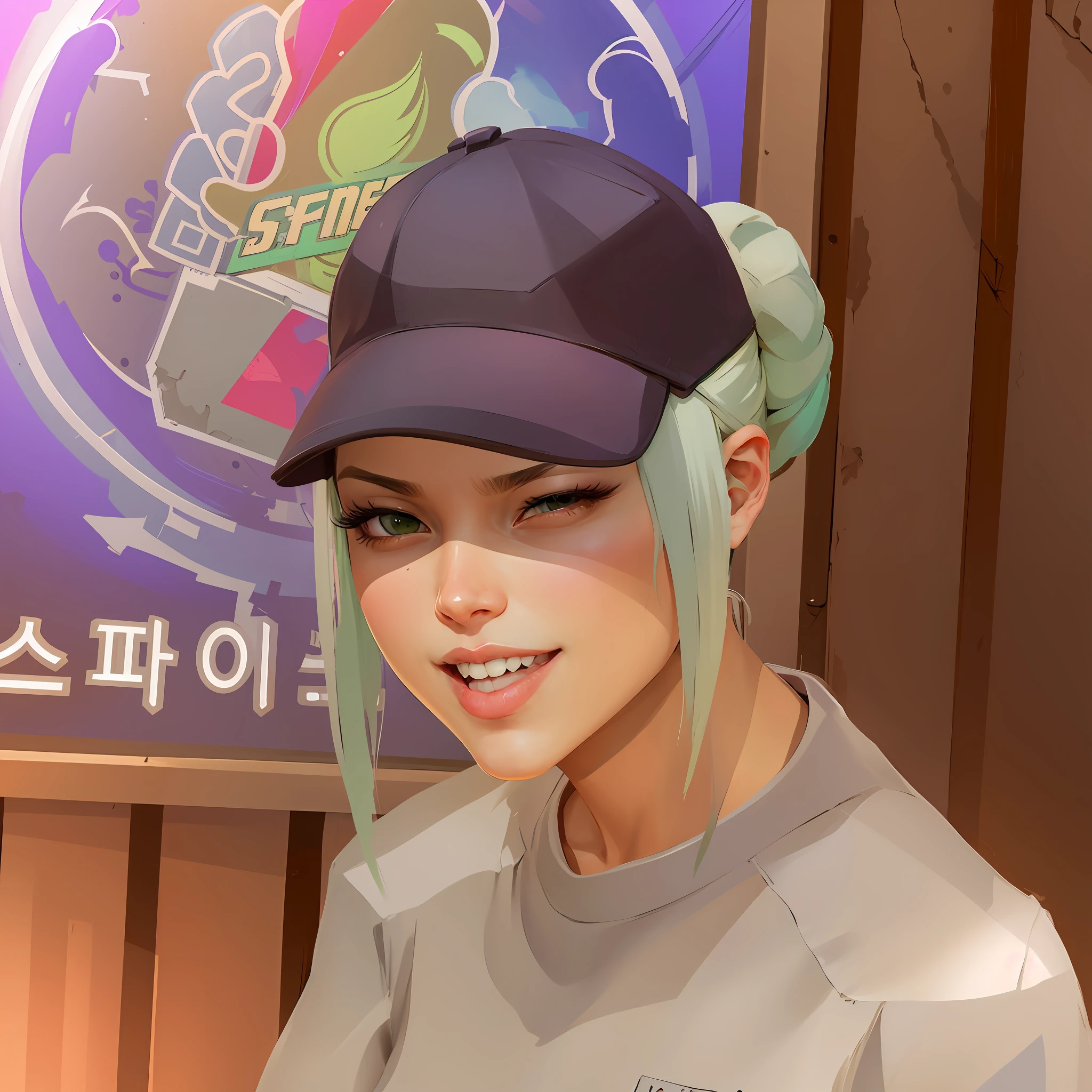 anime girl with green hair wearing a baseball cap and a white shirt, KDA, estilo de arte desconhecido, sage ( valorant ), Non-Guweiz style art, inspirado em Jang Seung-eop, pintado em anime painter studio |, foto de perfil do discord, Artgerm e Atey Ghailan, fanart menina urbana, feito com anime painter studio , Motor irreal 3d, personagem altamente detalhado, unreal 5 --auto