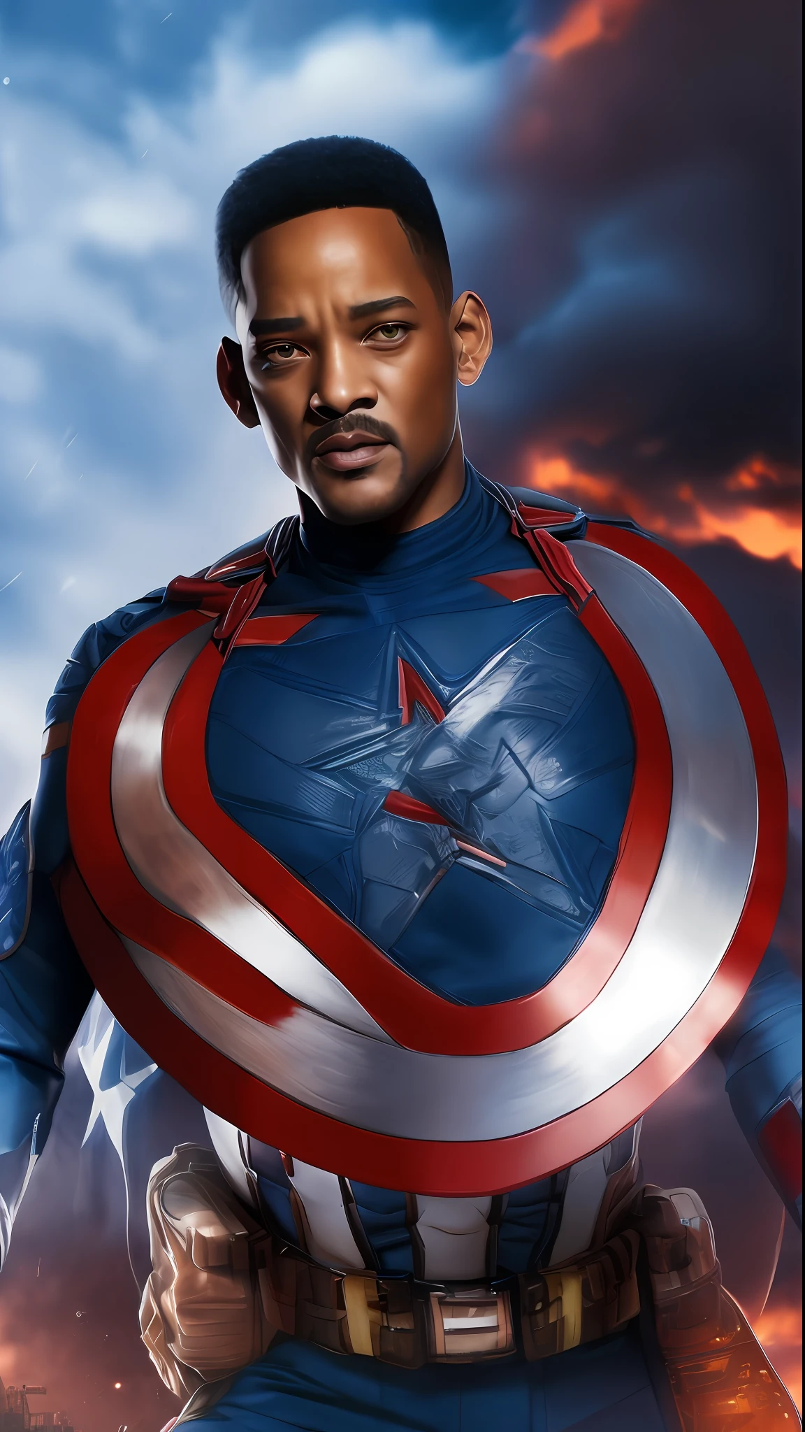 . .Tarantino style Will Smith as Captain America 8k, high definition, detailed face, detailed face, detailed eyes, detailed suit, in style of marvel and dc, hyper-realistic, + cinematic shot + dynamic composition, incredibly detailed, sharpen, details + superb details + evening with light + perfectionism + award winning realism ((moody lighting))