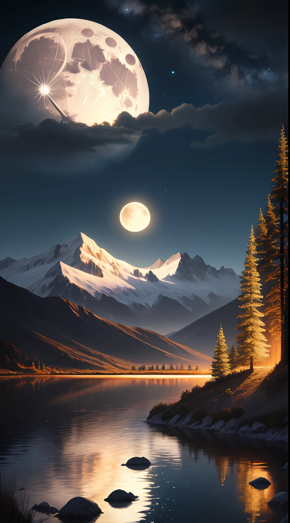 Very starry night. A giant moon behind the mountains. A tranquil lake reflecting the night. Realistic scene, detailed, photorealism, 8k