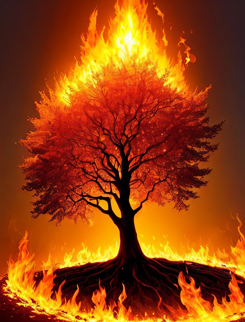 masterpiece, a single tree on fire in a magical forest, many other trees in background