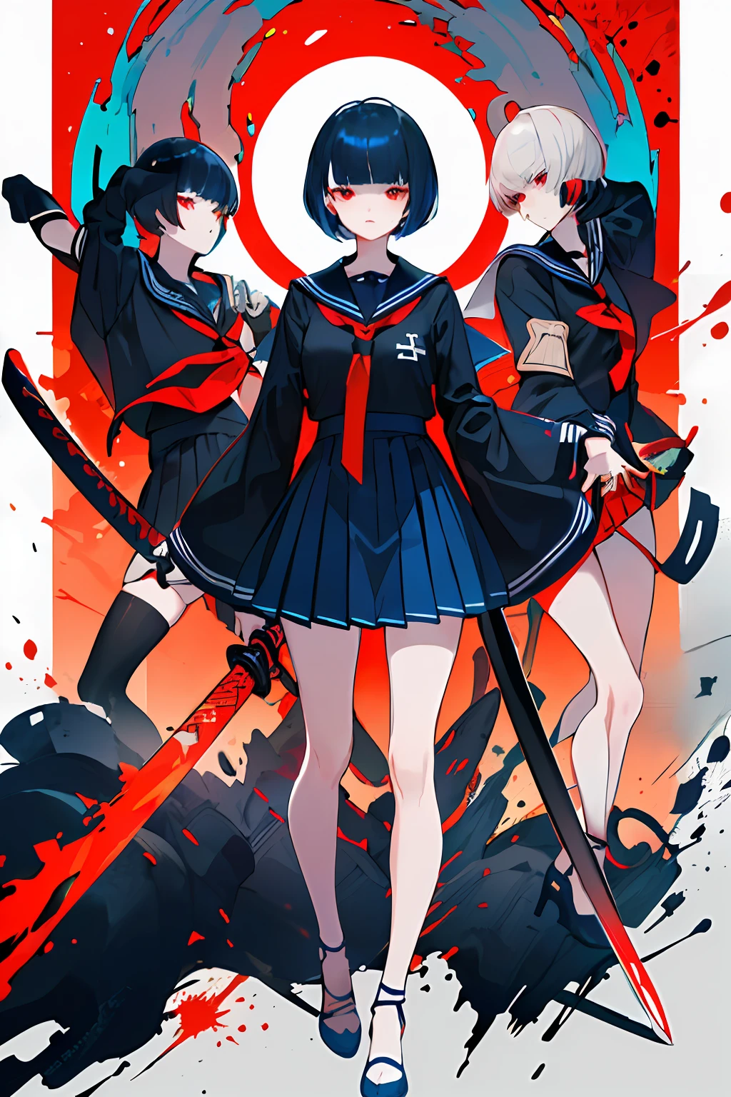 ((((dramatic))), (((gritty))), (((intense))) 1girl, girl, 10 yeabowlcut hair)))) ((((very short hair)))) (((shortest hair))) (black jet hair) (((hair barely covers ears and backhead))) sailor costume, (((blue dark sailor costume))) (((knee below skirt))), (((long skirt))) ((((slender)))) red costume details, (((tigth sleeves))) (holding a katana) action stand (((red eyes))) ((black necktie)) (nigth neon city) The background is dark and gritty, with a sense of danger and intensity. The text is bold and attention-grabbing, with a catchy tagline that adds to the overall feeling of drama and excitement. The color palette is mainly dark with splashes of vibrant colors, giving the poster a dynamic and visually striking appearance,tachi-e
fashionable, woman, vibrant, outfit, posing, front, colorful, dynamic, background, elements, confident, expression, holding, statement, accessory, majestic, coiled, around, touch, scene, attention-grabbing, title, stylish, modern, trendy, focus, fashion,