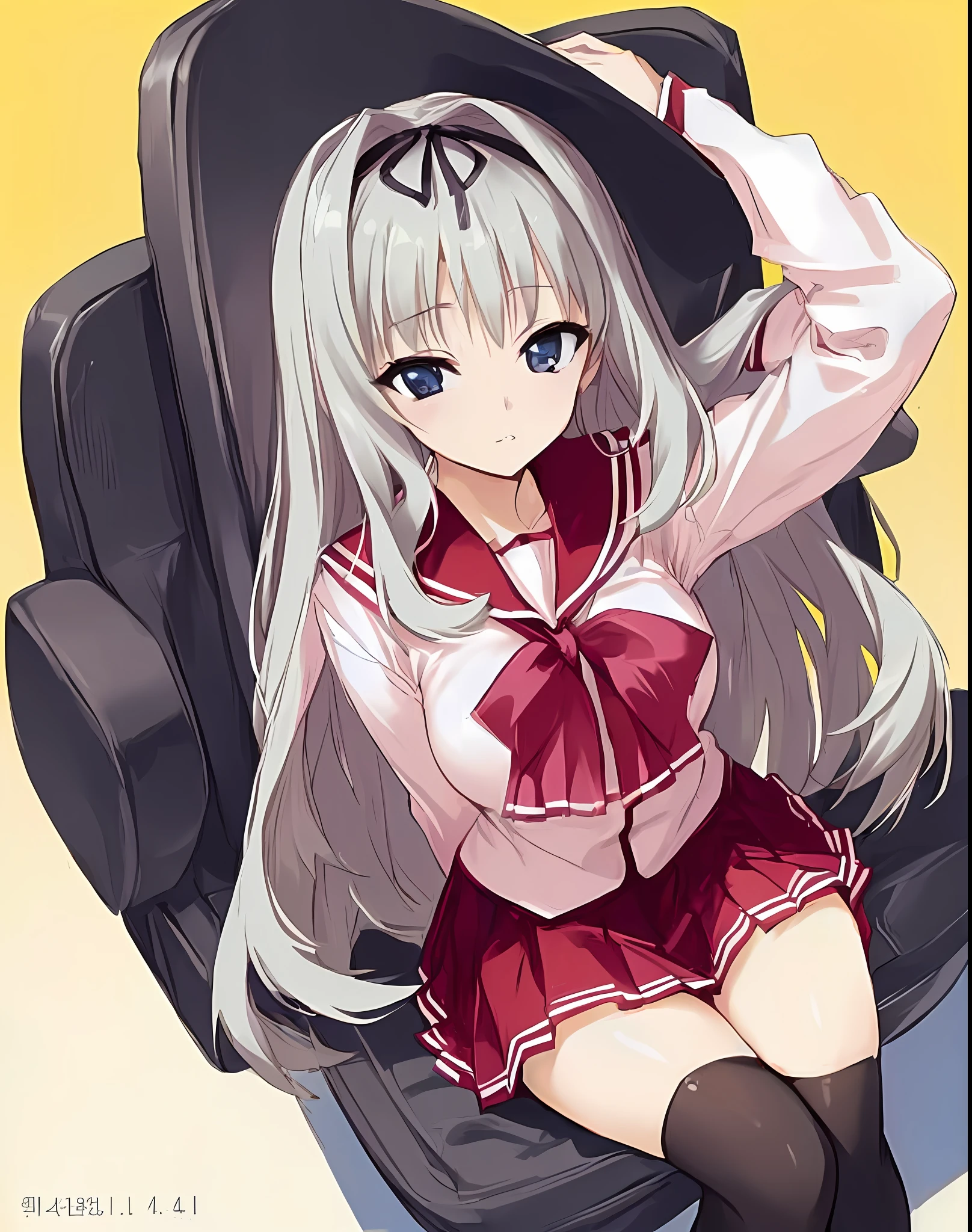 (((A Masterpiece、maximum quality、High resolution1.4)))、black-thigh-highs、Big big tits、(medium shot)、White background、Sit on a chair and spread your legs、Grown-up、laugh、Arms behind your head、Landscape、Long blonde wave、Dressed in a pink sailor suit、Red miniskirt with red collar、Red Ribbon、(((Delicate face 1.4)))、Beautiful anime schoolgirl。
