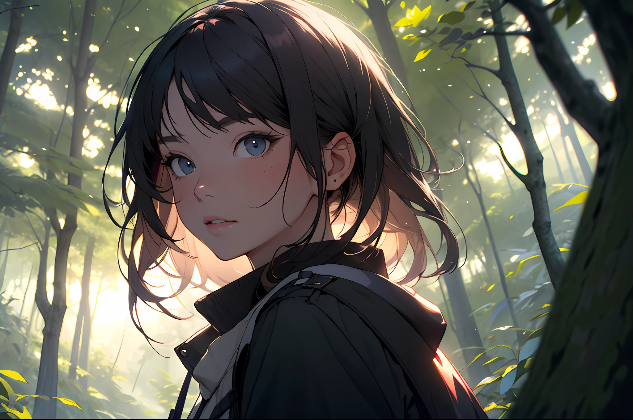 A girl in the forest with sunlight on her face