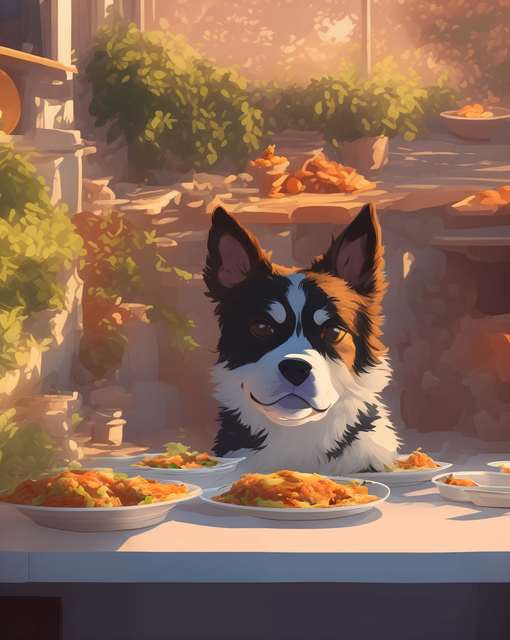 under the warm light of the home, a cute puppet dog is sitting at the kitchen eating lasagna, focus face, Disney style, cartoon painting, --auto --s2