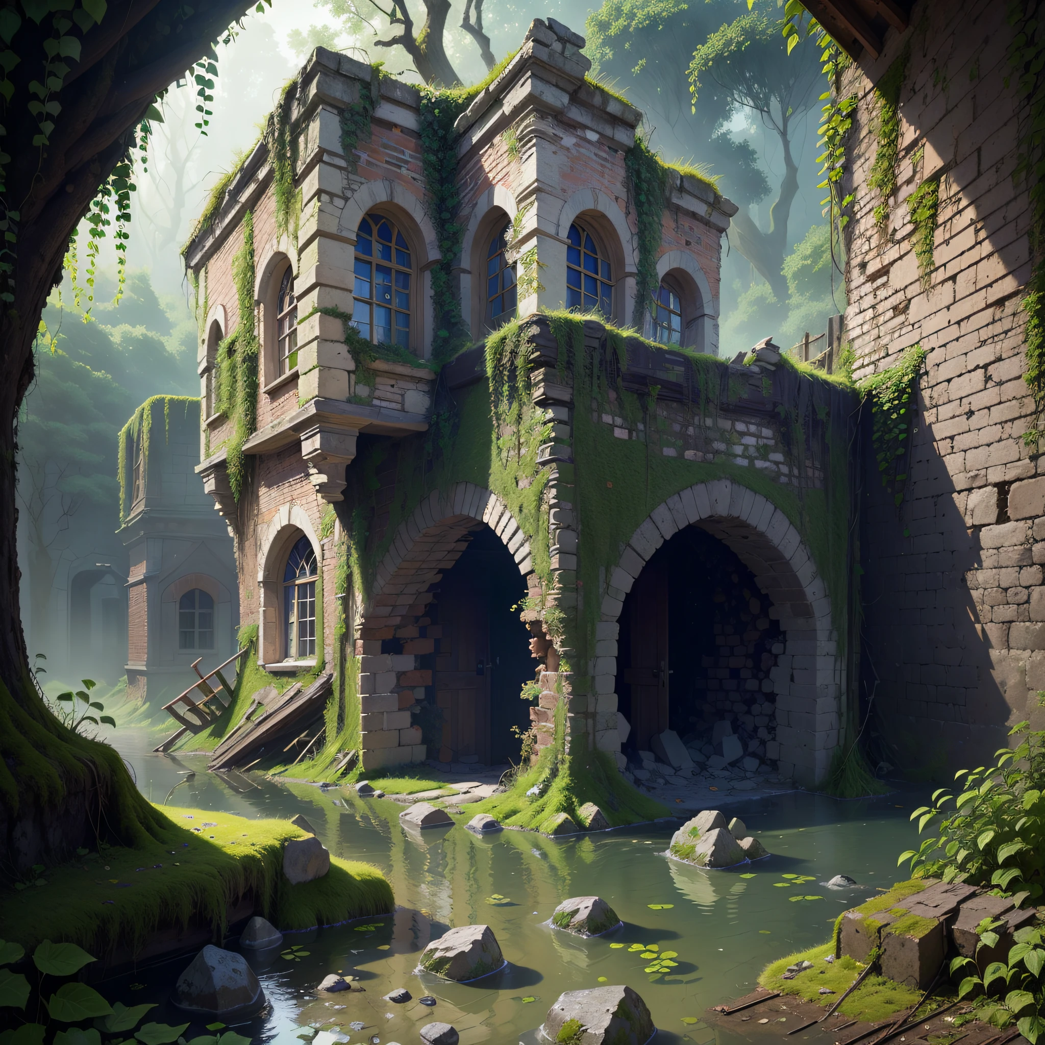 (Numerous award-winning masterpieces, with incredible detail, textures and maximum detail), (hyper realistic:1.4), (realistic:1.3), (best quality real texture skin), (Several medieval huts built illegally on the site of a forgotten medieval castle),(ruins of a medieval fort covered with moss and ivy and a few slightly crumbling huts), (medieval architecture that is returning to nature), (Eroded by clear water), (Tree roots, ivy plants and beautiful plants crawling on stone walls), (Partially collapsed buildings: 0.6)